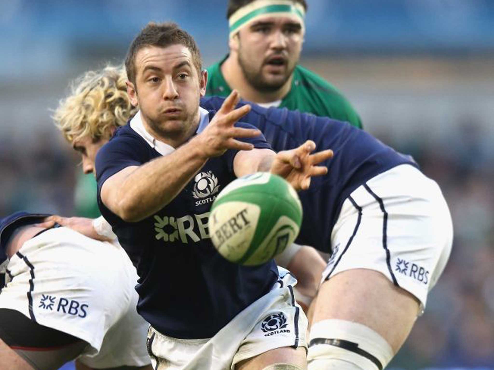 Greig Laidlaw of Scotland passes the ball during the RBS Six Nations match between Ireland and Scotland