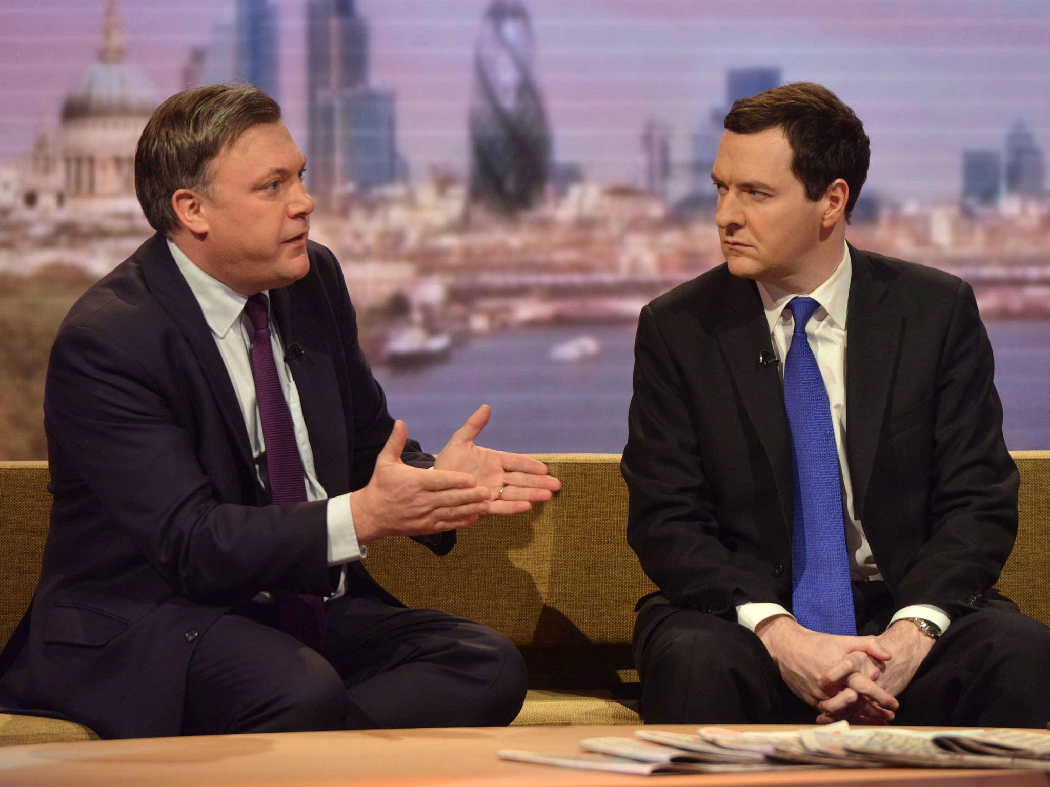 Shadow Chancellor Ed Balls and Chancellor George Osborne appear on the Andrew Marr Show