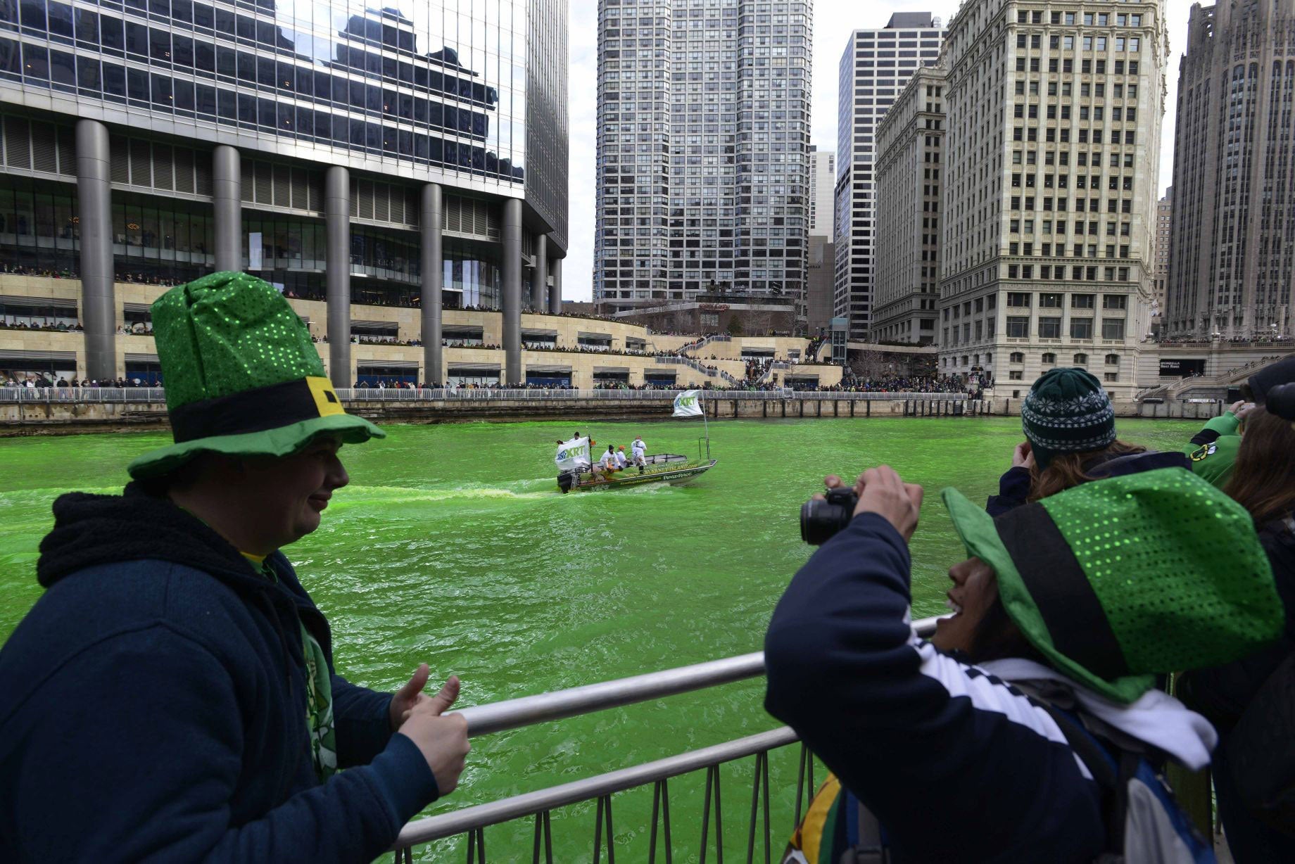 The Chicago River being dyed green ahead of the St. Patrick's Day parade