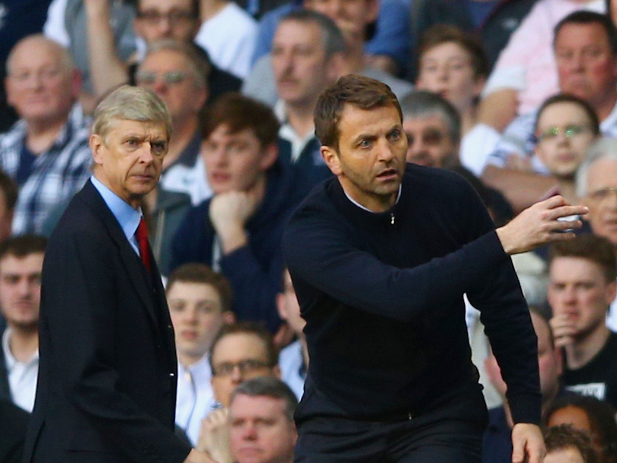 Arsene Wenger and his opposite number Tim Sherwood on the touchline on Sunday