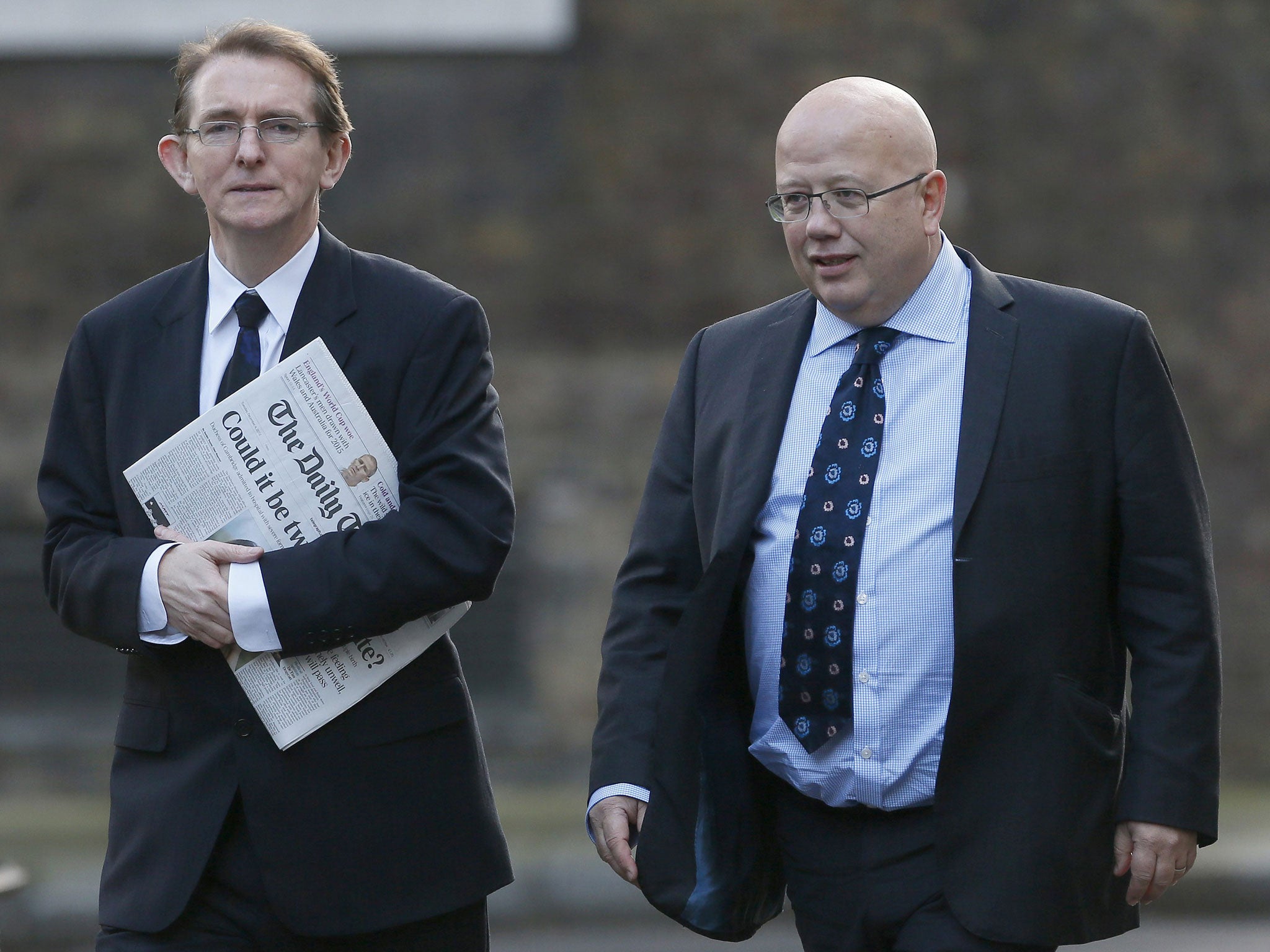 The then editors of ‘The Daily Telegraph’, Tony Gallagher, and ‘The Independent’, Chris Blackhurst, arrive for a meeting on press regulation at Downing Street in December 2012