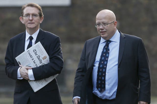 The then editors of ‘The Daily Telegraph’, Tony Gallagher, and ‘The Independent’, Chris Blackhurst, arrive for a meeting on press regulation at Downing Street in December 2012 