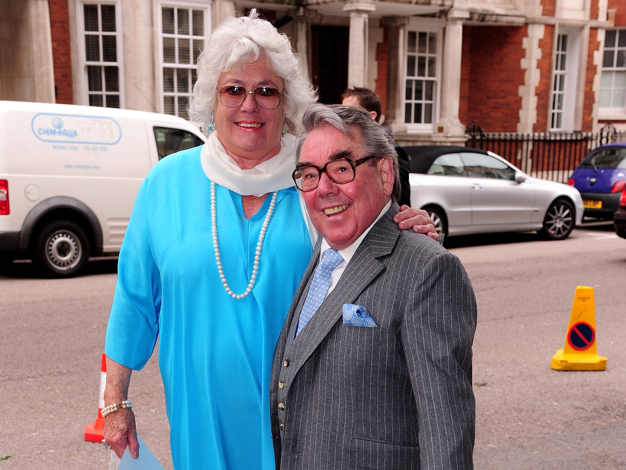 Ronnie Corbett and wife Anne Hart attend the wedding of David Walliams and Lara Stone at Claridge's Hotel on May 16, 2010 in London, England.