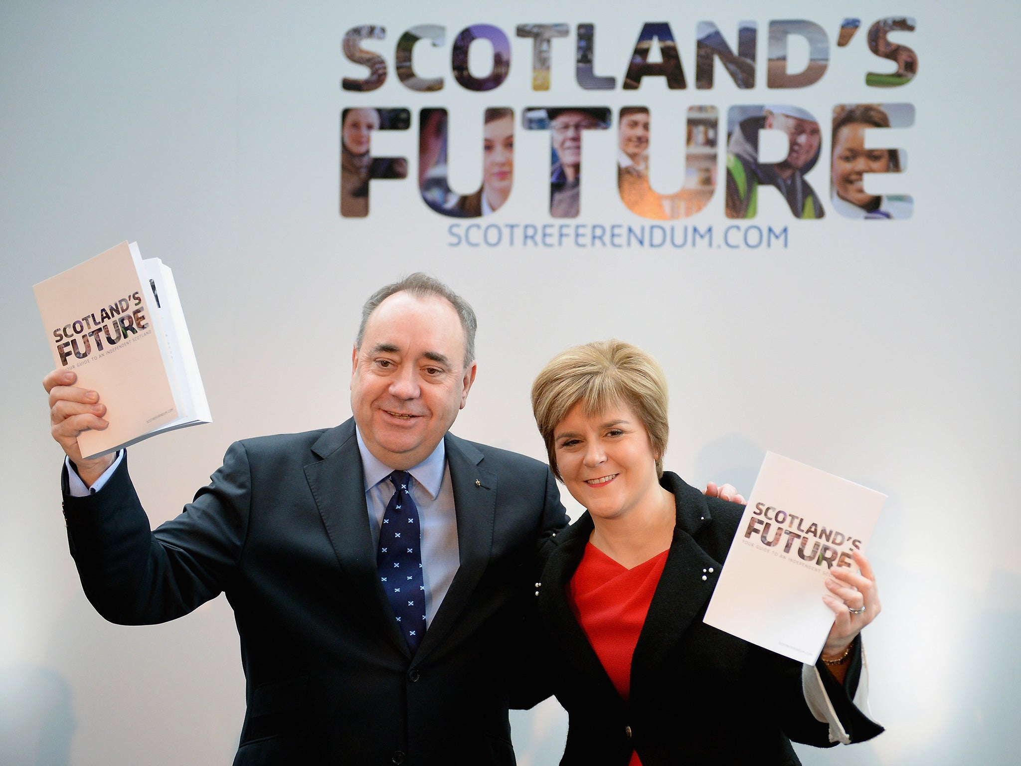 Alex Salmond and Deputy First Minister Nicola Sturgeon present the White Paper for Scottish independence in November 2013 in Glasgow