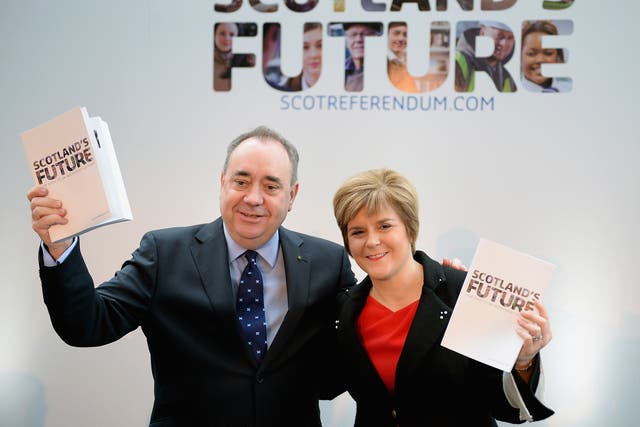 Alex Salmond  and Deputy First Minister Nicola Sturgeon present the White Paper for Scottish independence in November 2013 in Glasgow