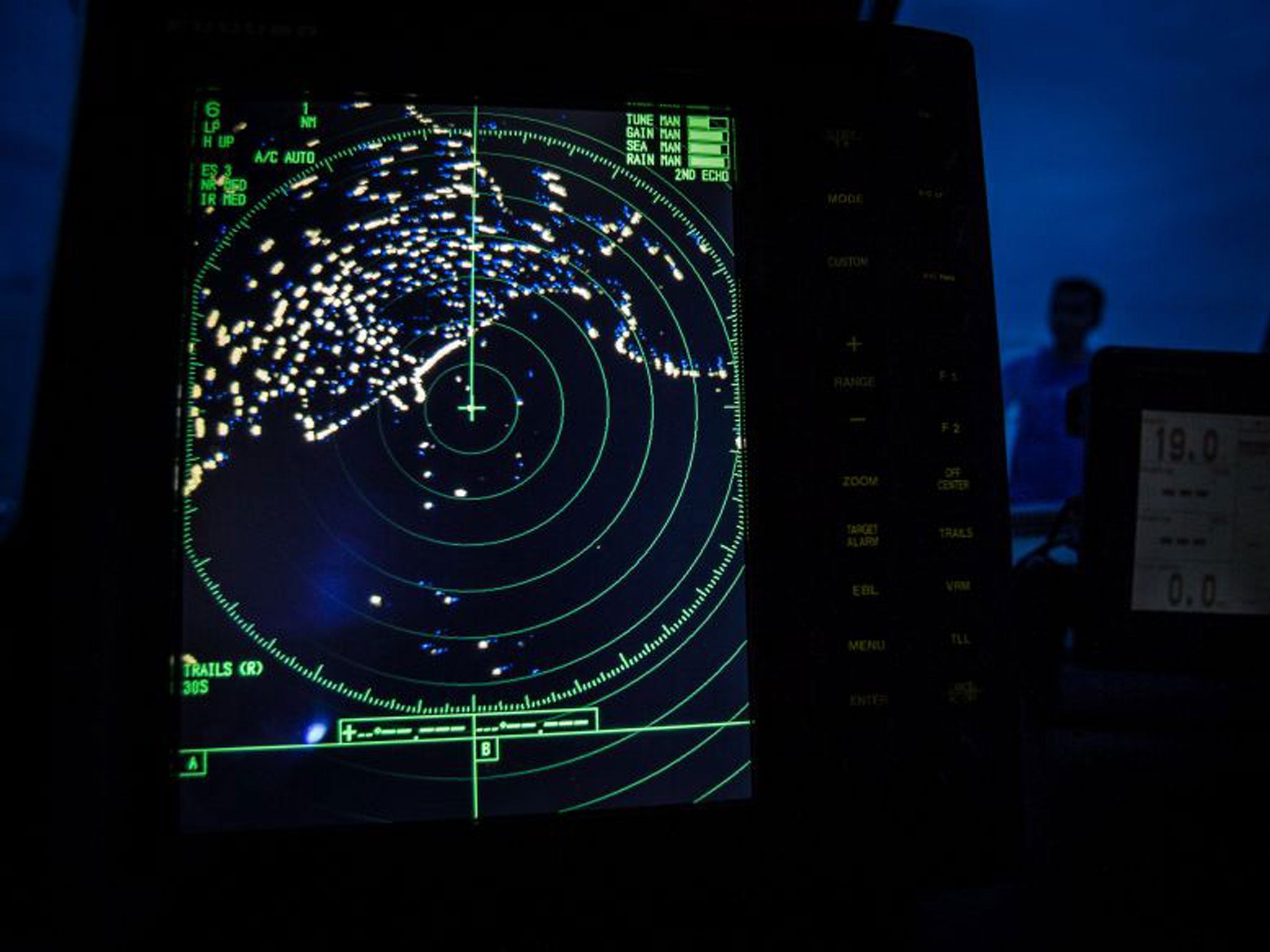 A navigational radar on Indonesia's National Search and Rescue boat shows details during a search in the Andaman sea