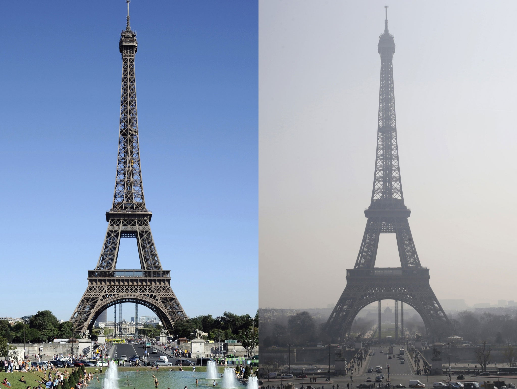 This combination of photos shows the Eiffel tower (R) in central Paris through a haze of pollution taken on March 14, 2014 and during clear weather (L) on August 17, 2012.