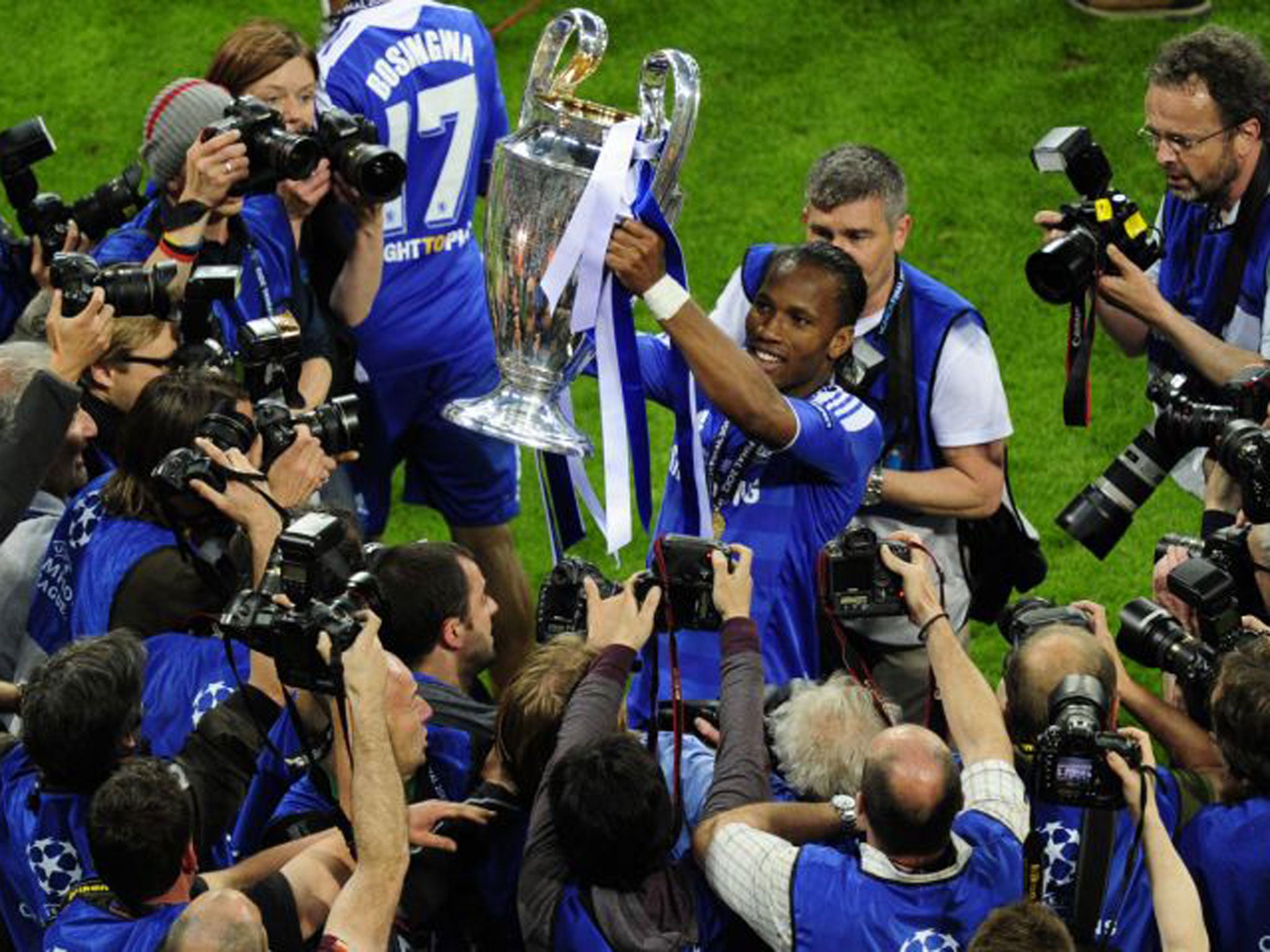 Didier Drogba holds aloft the European Cup after Chelsea’s triumph in 2012