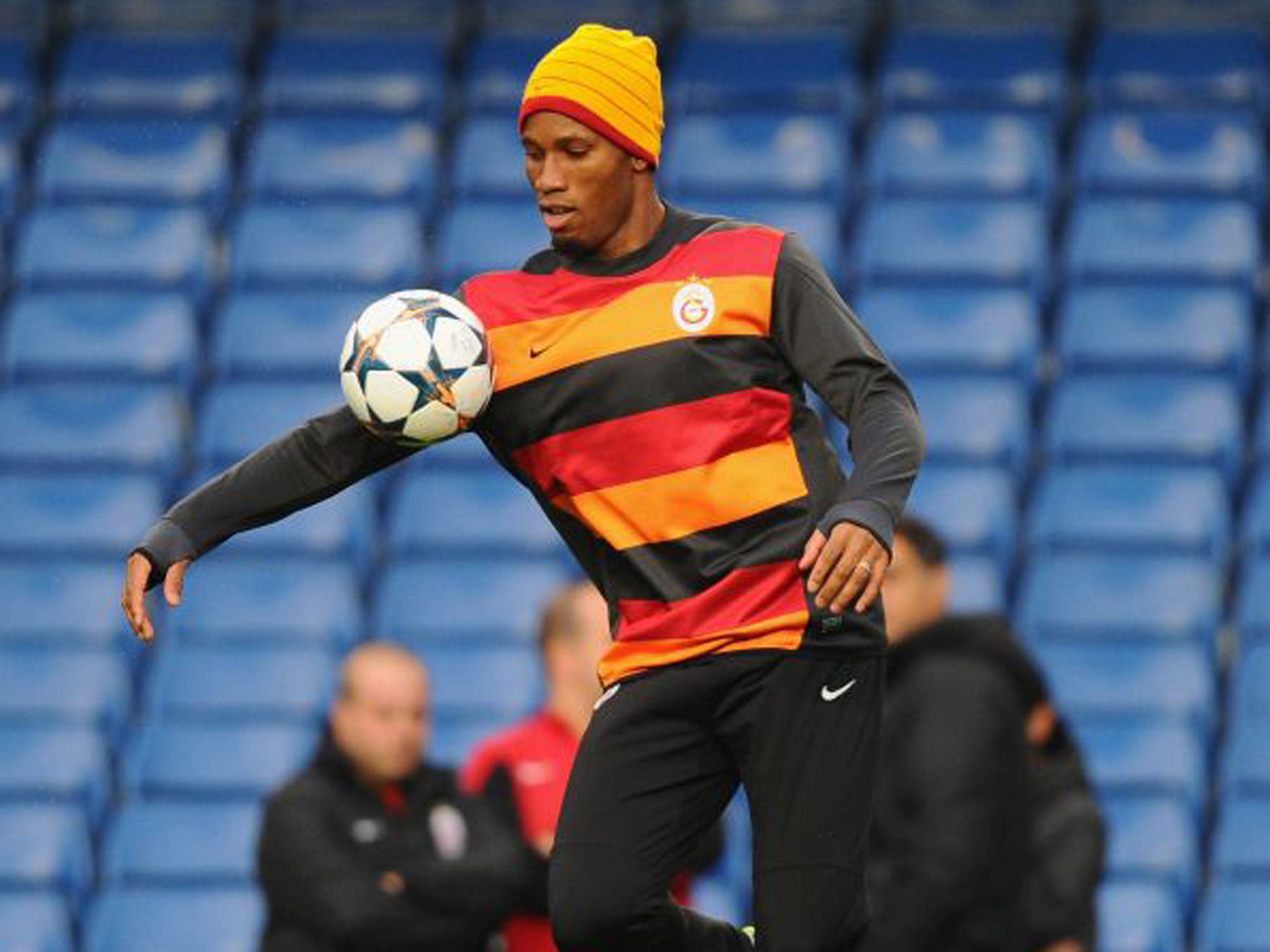 Galatasaray’s Didier Drogba trains at Stamford Bridge yesterday