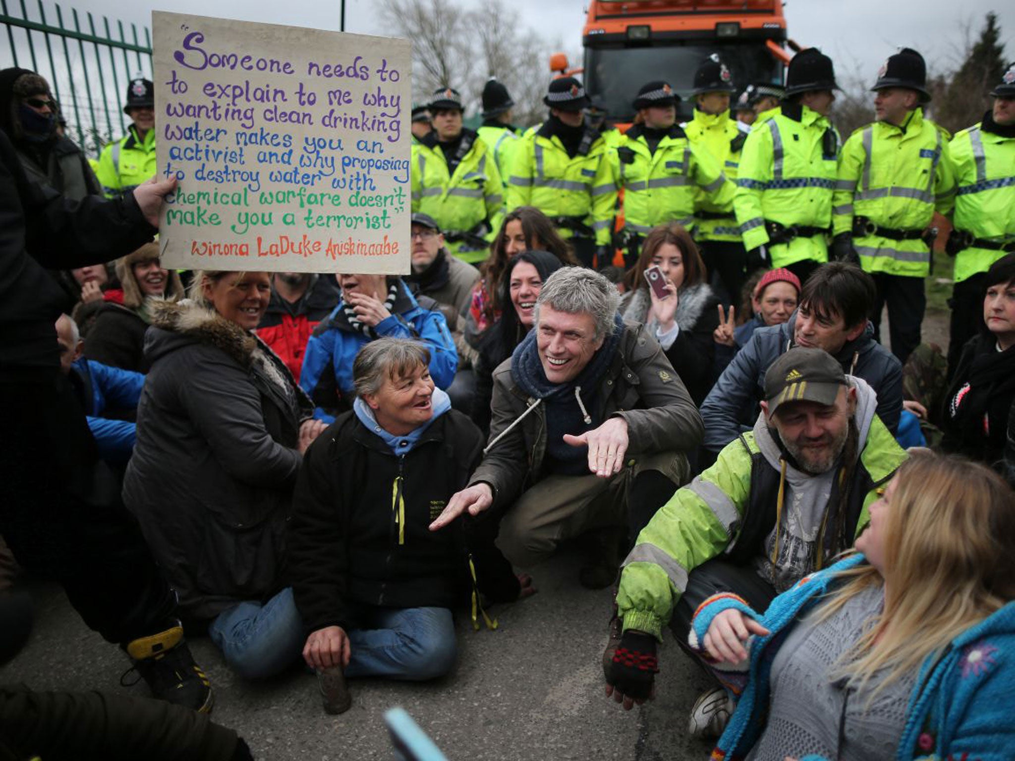 Happy Mondays star Bez joins protesters blocking lorries trying to enter the Igas fracking exploration site at Barton Moss in Salford yesterday. Bez, real name Mark Berry, intends to stand for Parliament next year for the Salford seat.