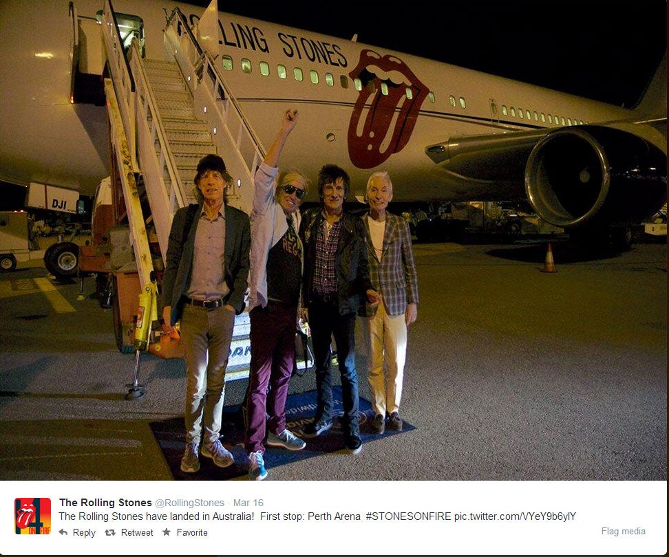 The Rolling Stones' Mick Jagger, Keith Richards, Ronnie Wood and Charlie Watts, arrived in Perth, Australia, early on Monday morning