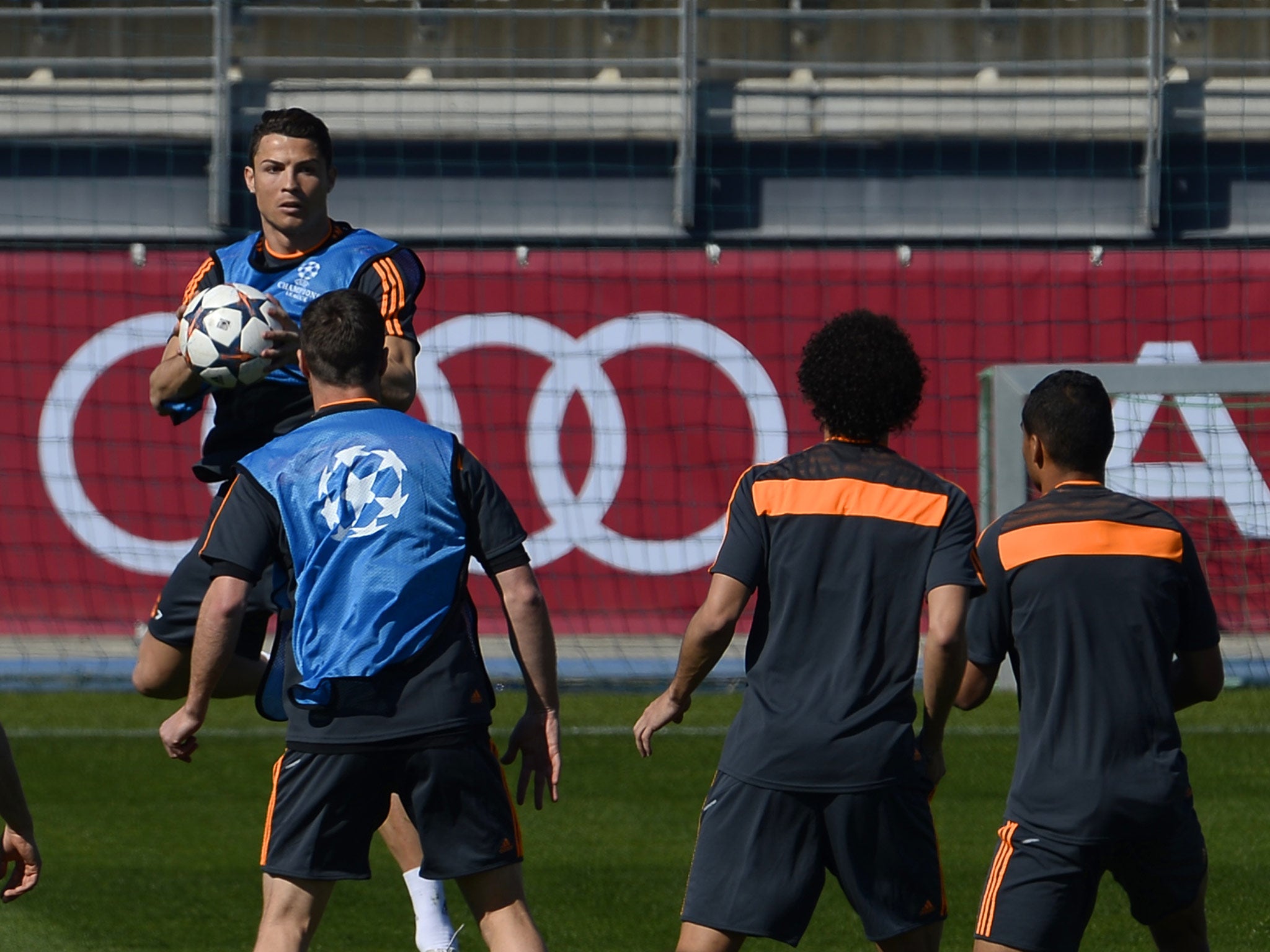 Cristiano Ronaldo pictured training for Real Madrid prior to his team's game against Schalke