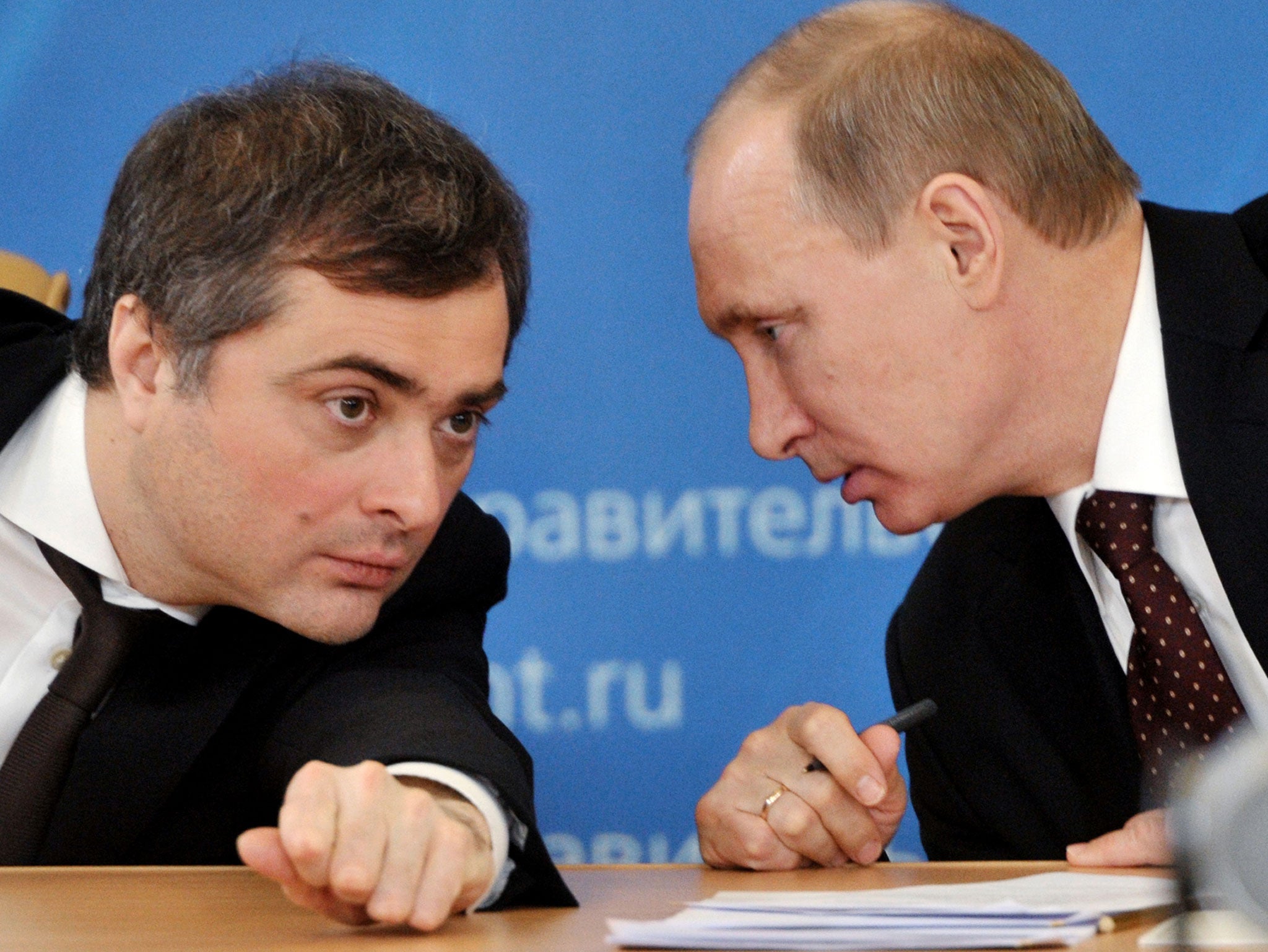  Vladislav Surkov pictured next to President Vladimir Putin 