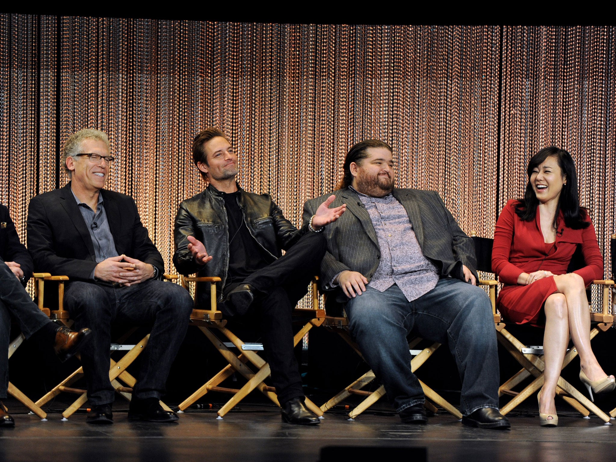 (L-R) Executive producers Damon Lindelof, Carlton Cuse, actors Josh Holloway, Jorge Garcia and Yunjin Kim appear onstage at the 'Lost' 10th Anniversary Reunion in California.