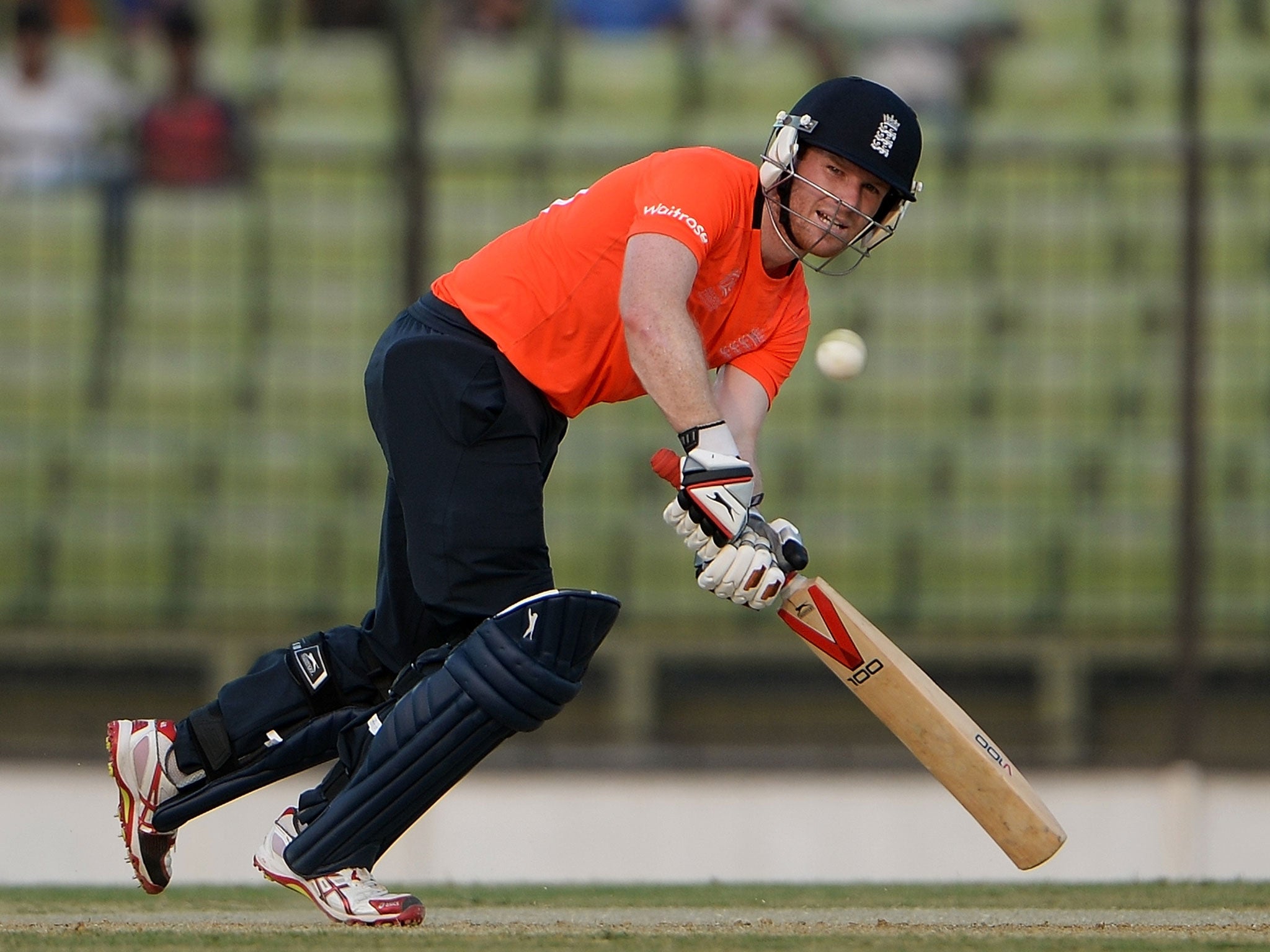 England batsman Eoin Morgan plays a shot during the ICC World Twenty20 cricket tournament warm-up match between England and the West Indies on Tuesday