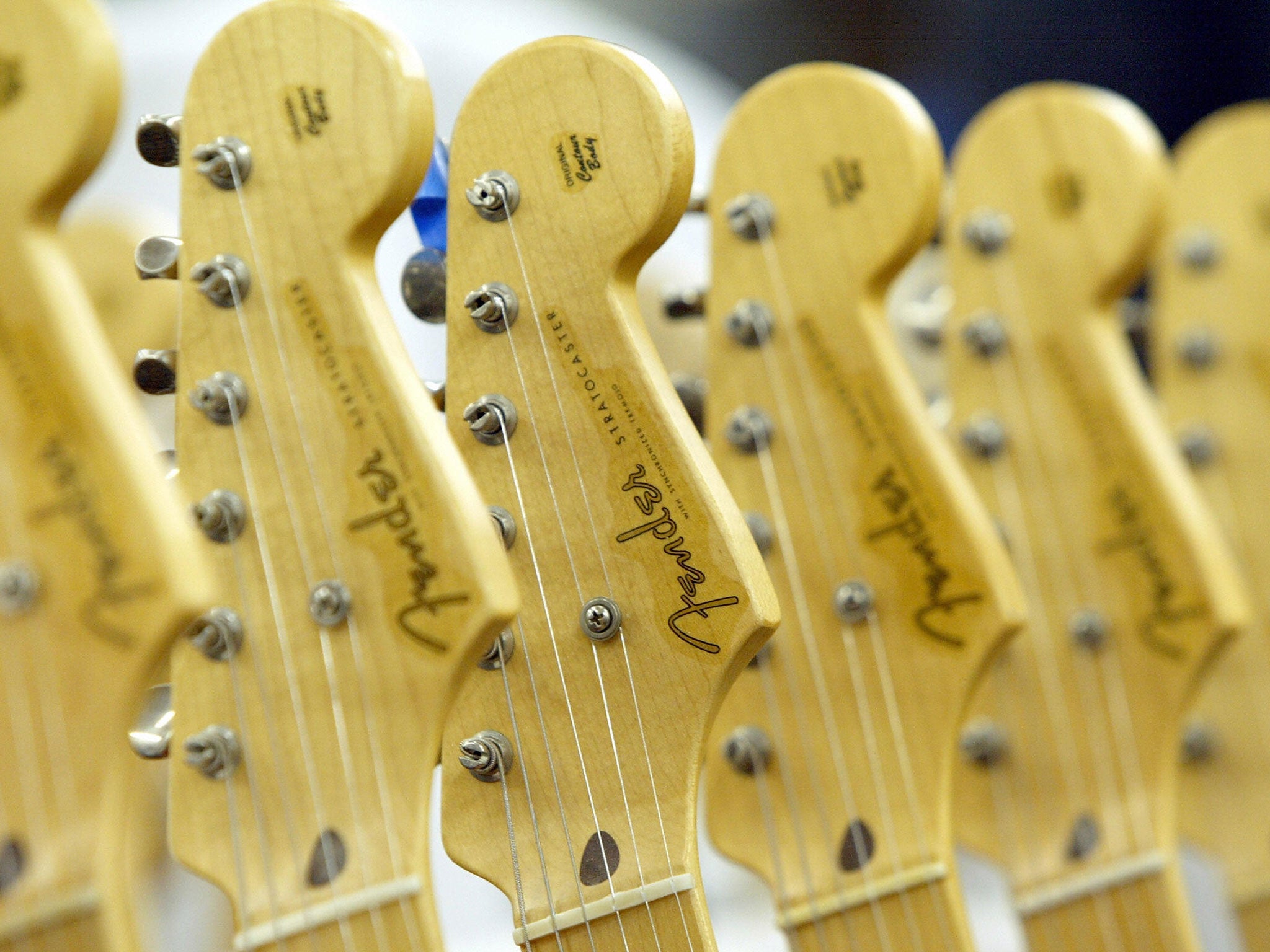 Stratocaster guitars, unrelated to the auction, at the Fender manufacturing facility in Corona, California.