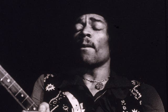American musician Jimi Hendrix performs onstage, late 1960s.