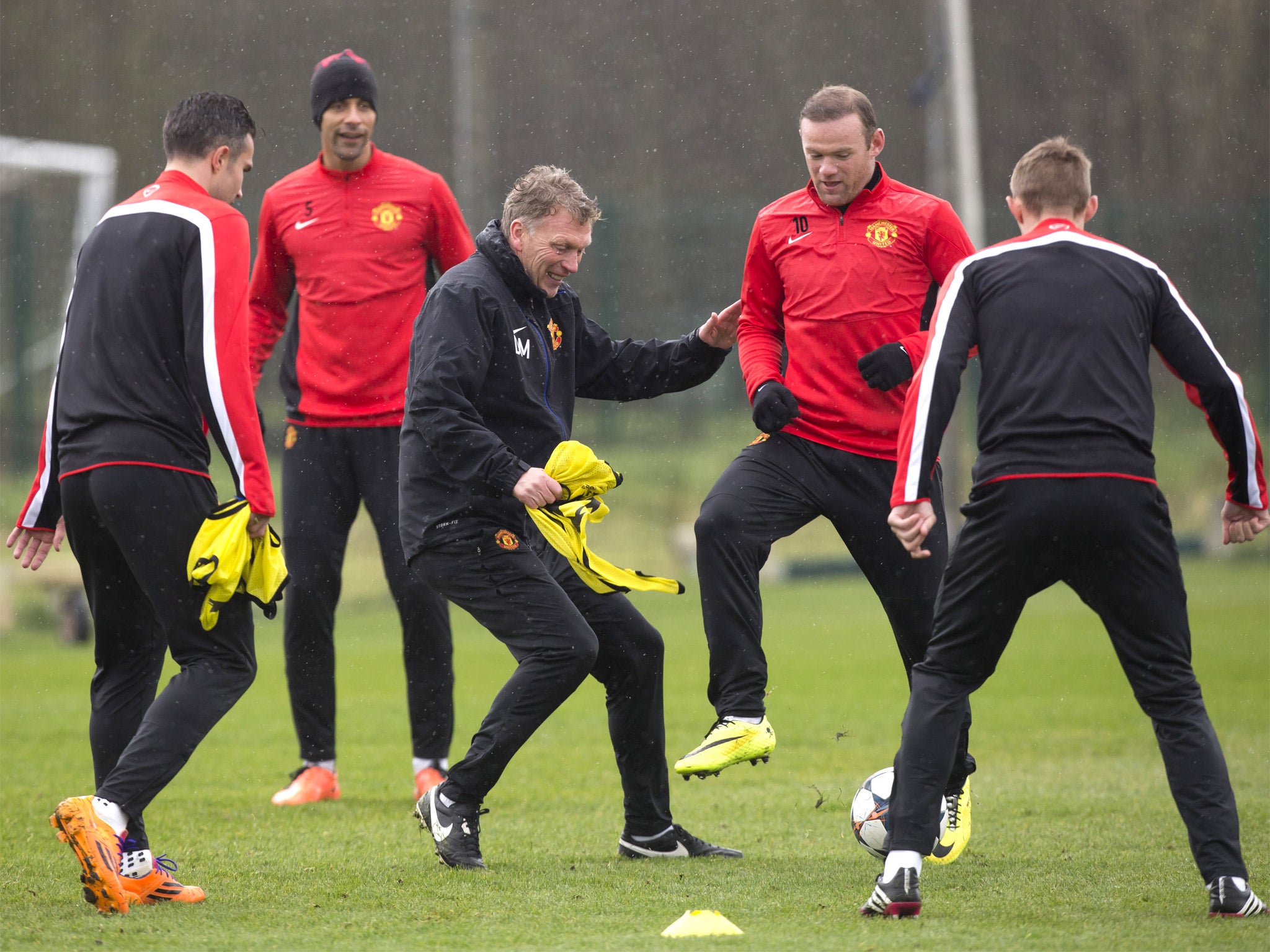 David Moyes finds something to smile about during United training at Carrington