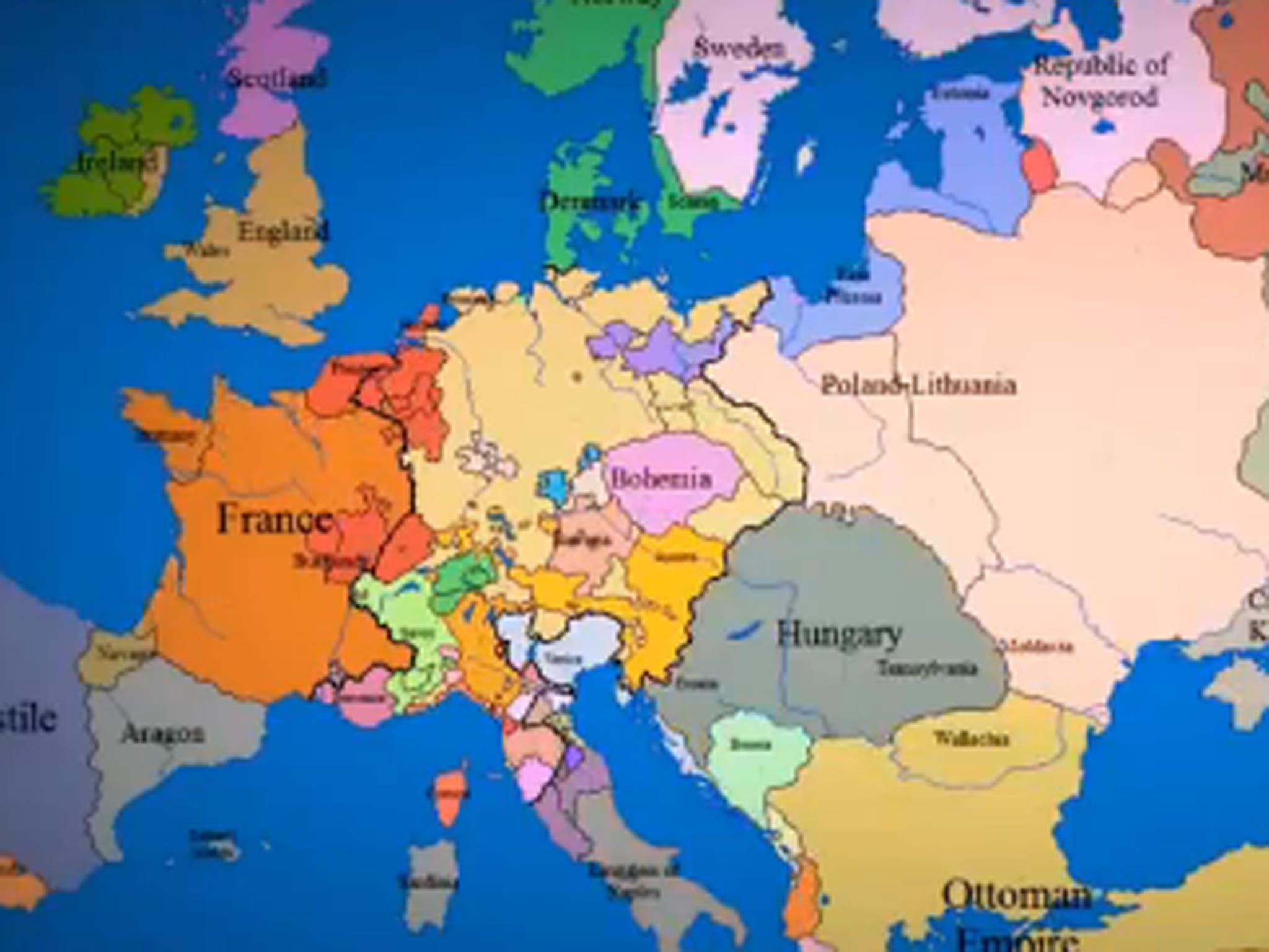 The video shows the rise and fall of empires across Europe