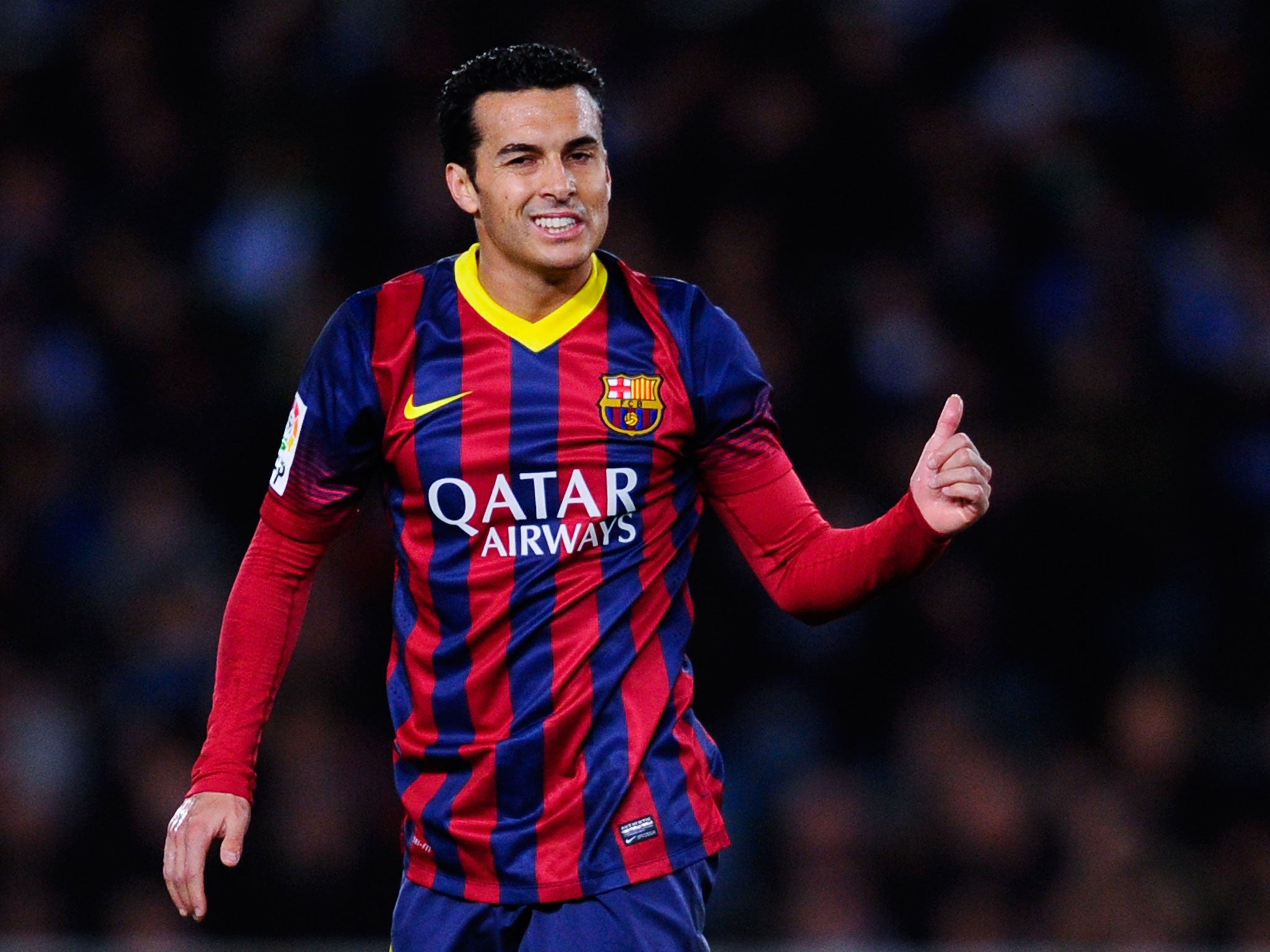 Pedro Rodriguez of FC Barcelona gives his thumbs up