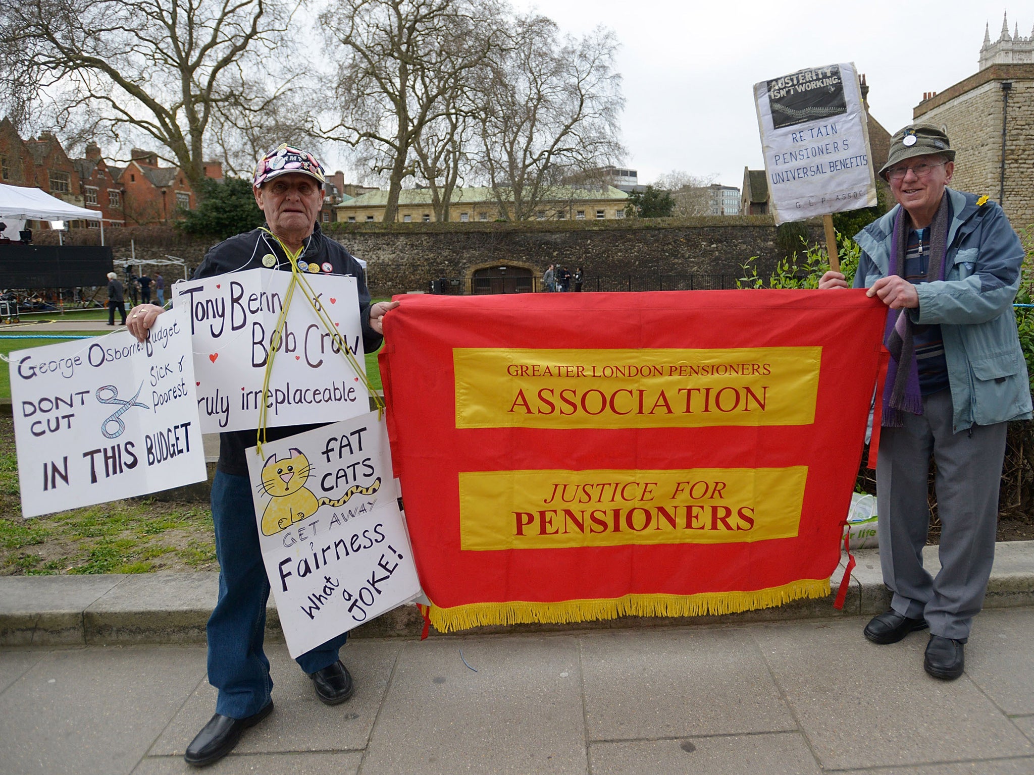 Pension protesters outside parliament during the Budget speech