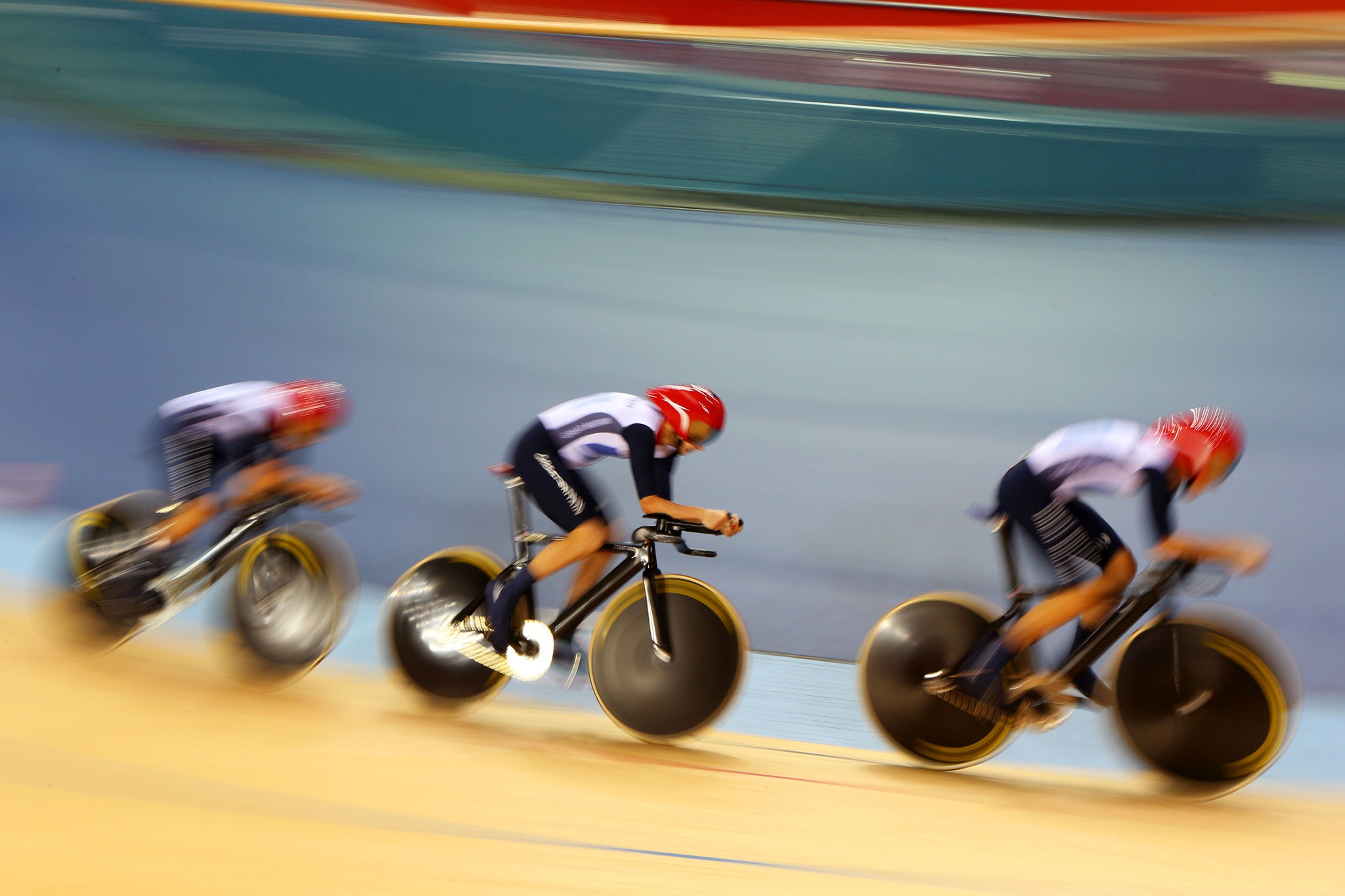 Dani King, Laura Trott and Joanna Rowsell competing for Great Britain during the Women's Team Pursuit event at the 2012 Olympic Games