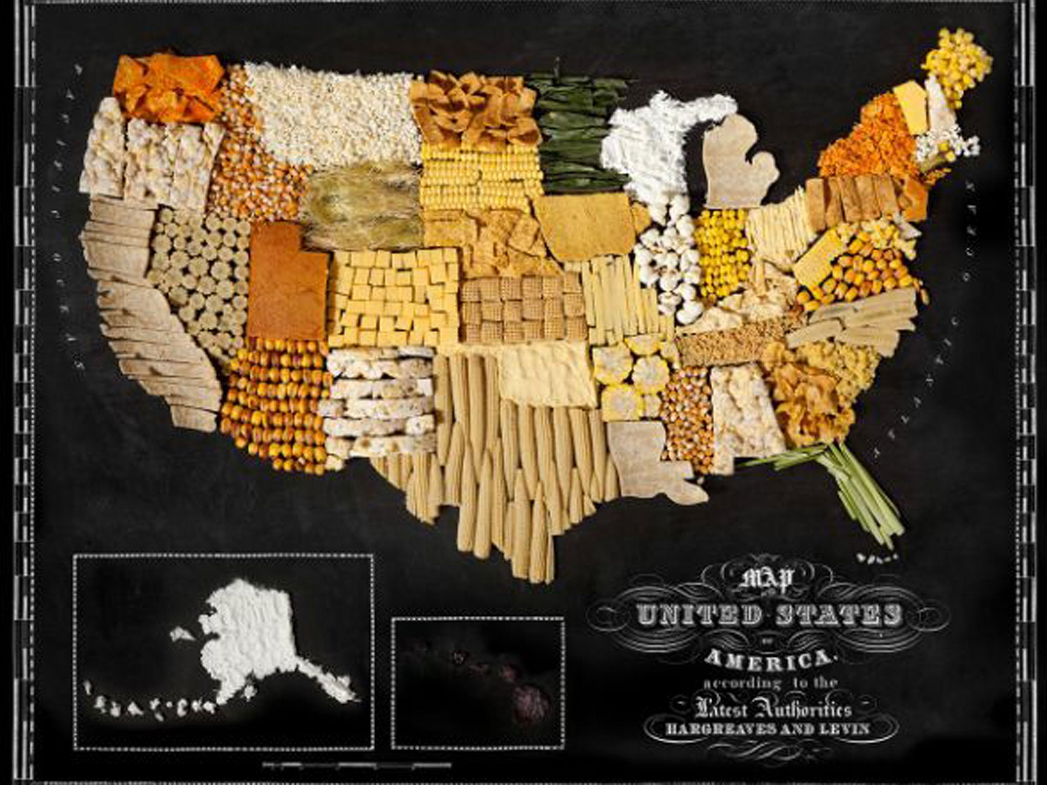 The fifty states of the USA are mapped out in corn