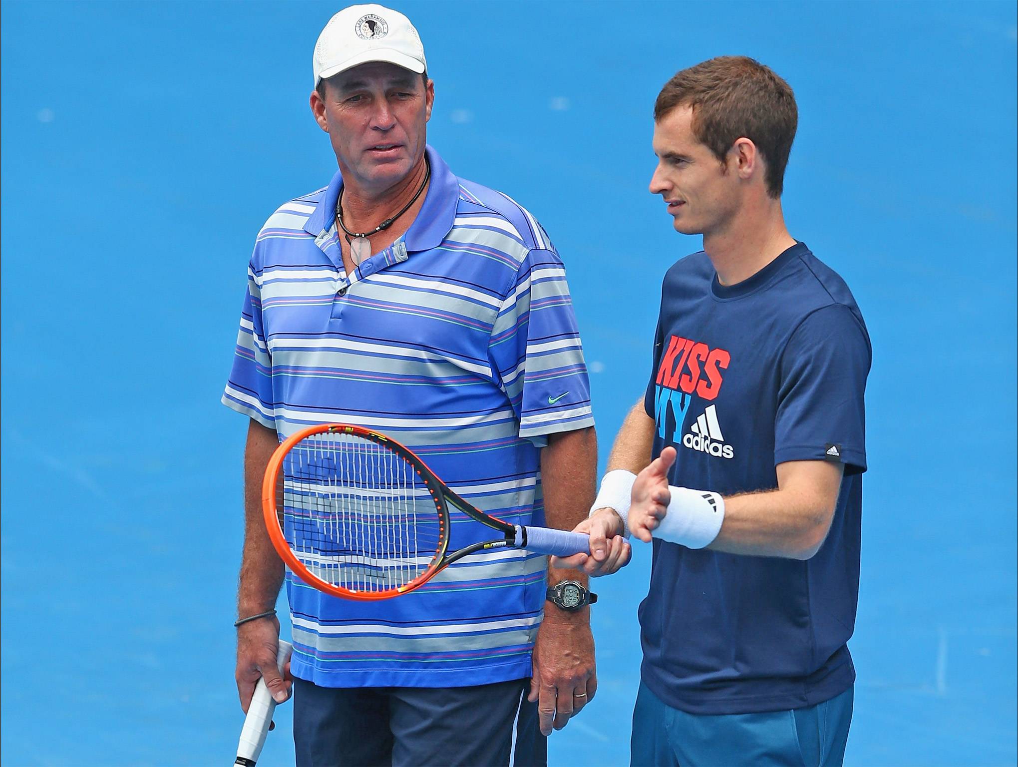 Andy Murray and Ivan Lendl confer during practice before this year’s Australian Open