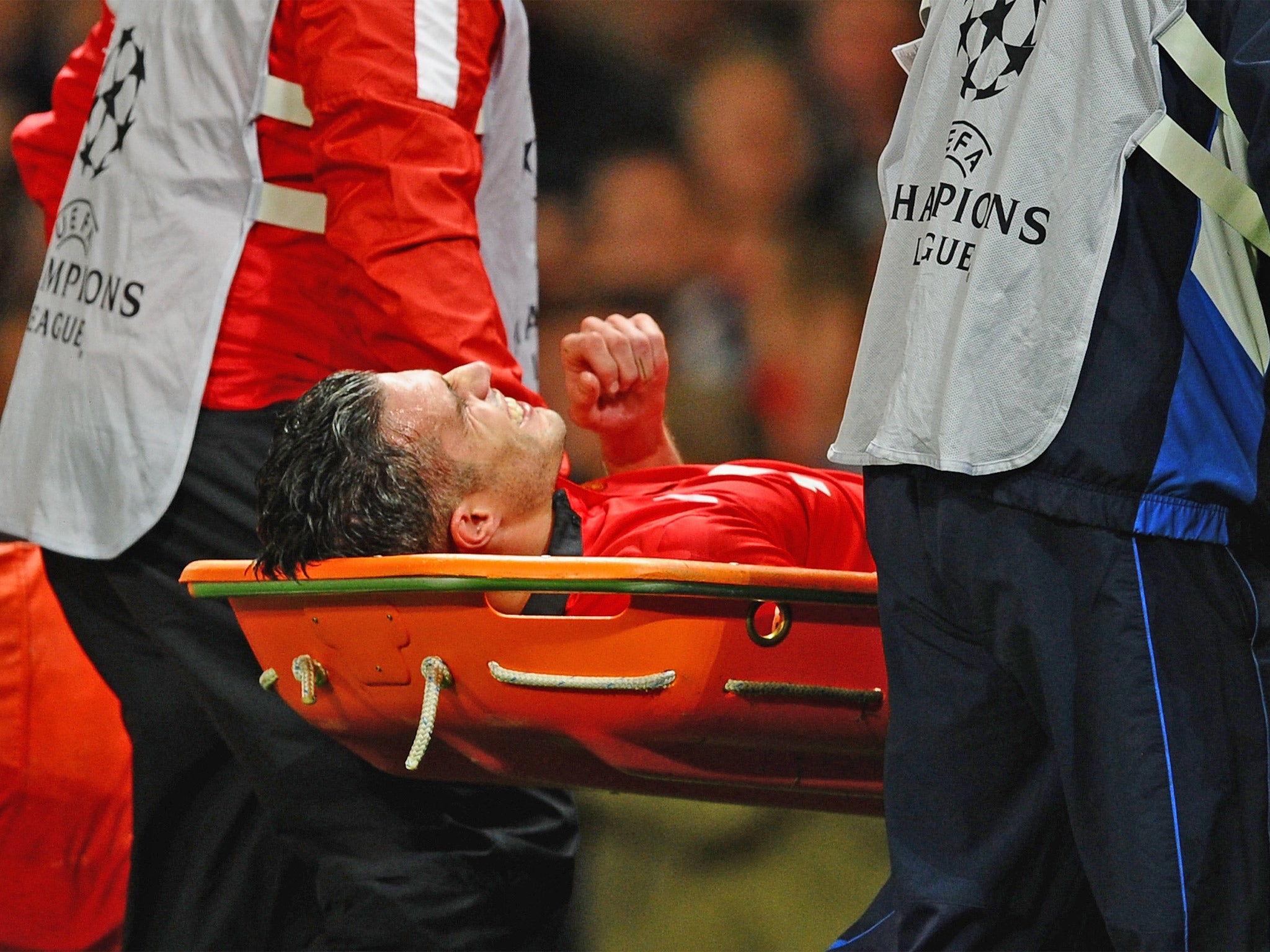 Hat-trick hero van Persie's night ended disappointingly as he exited the game on a stretcher