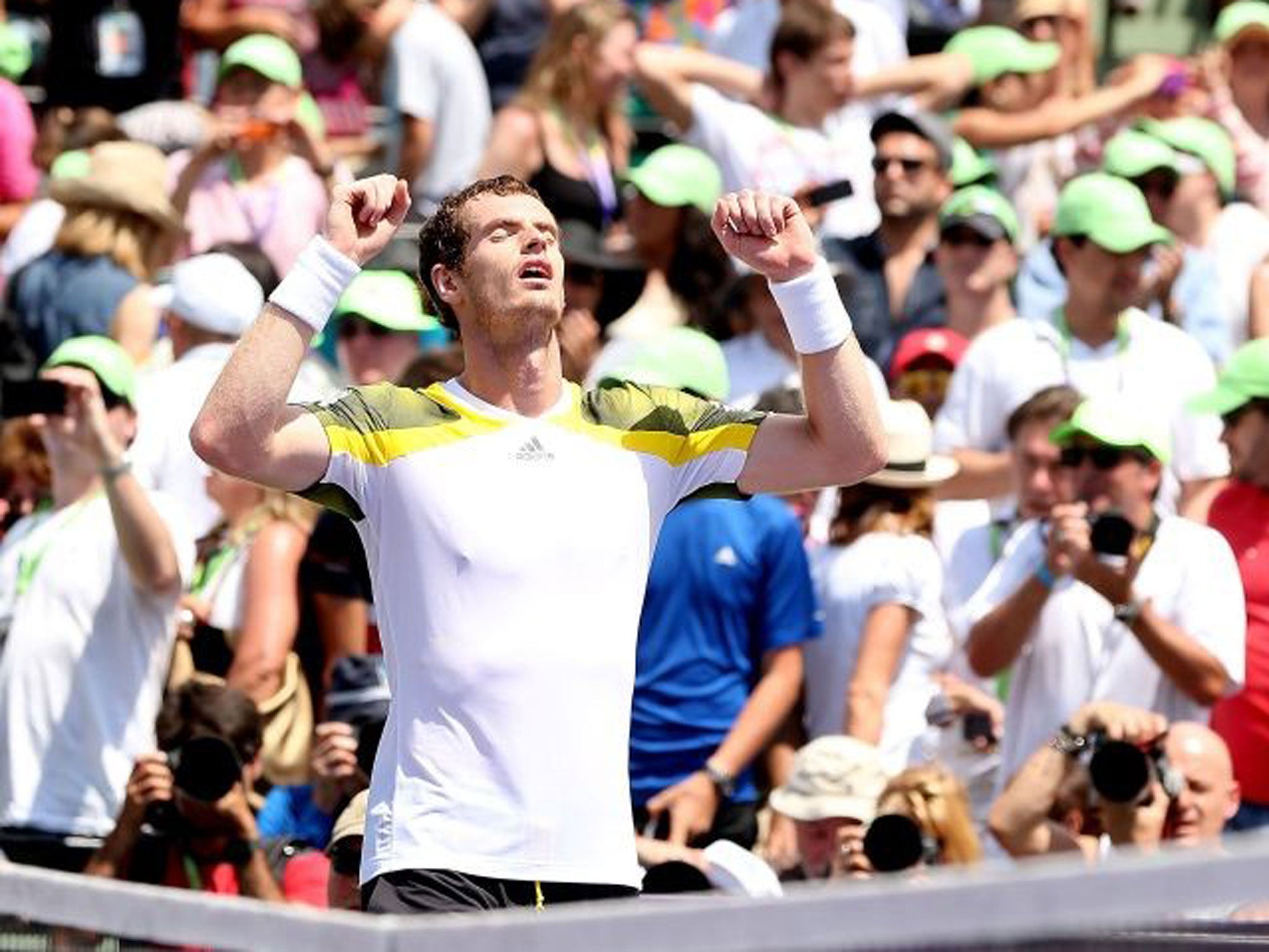 Andy Murray celebrates his win over David Ferrer of Spain during the final of the Sony Open at Crandon Park Tennis Center last year
