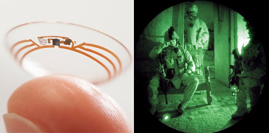 Night vision contacts. Google's smart contact prototype is shown on the left.