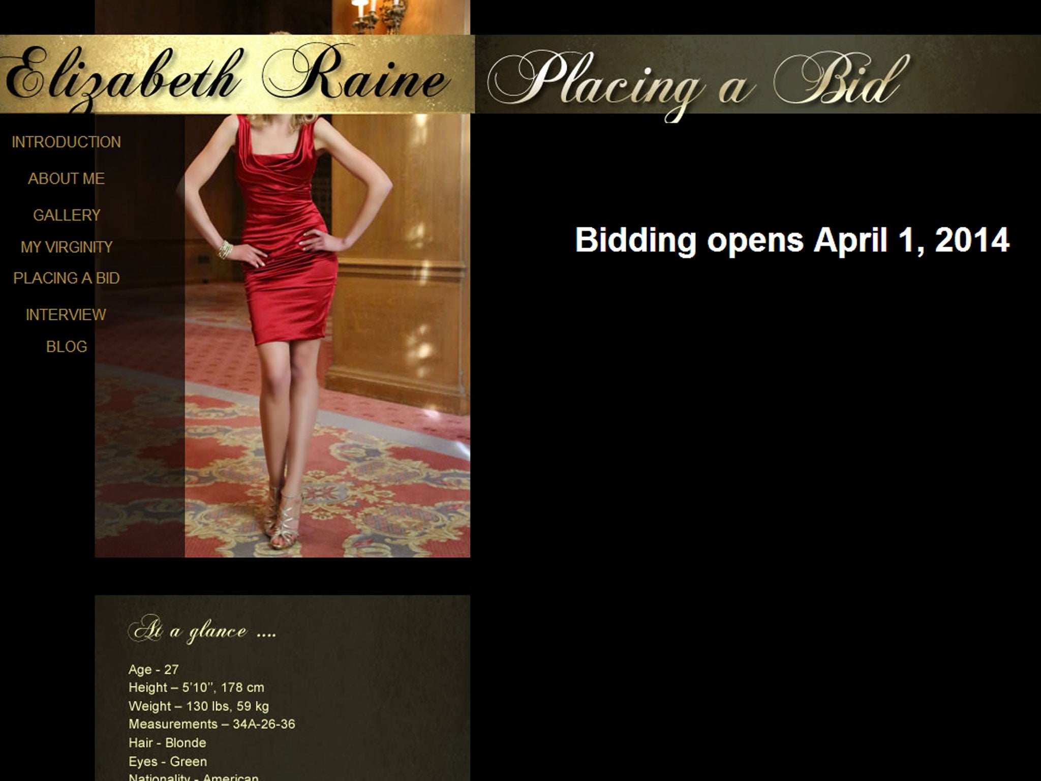 Raine's website includes detailed information about her and bidding details