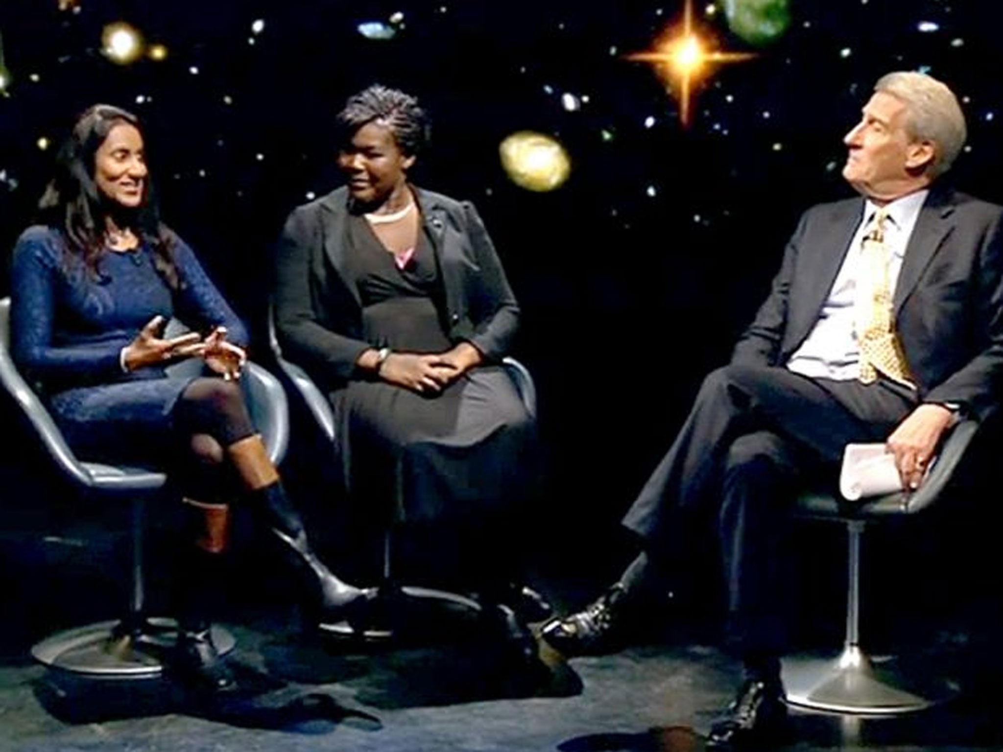 Dr Hiranya Peiris and Dr Maggie Aderin-Pocock appearing on Newsnight with Jeremy Paxman
