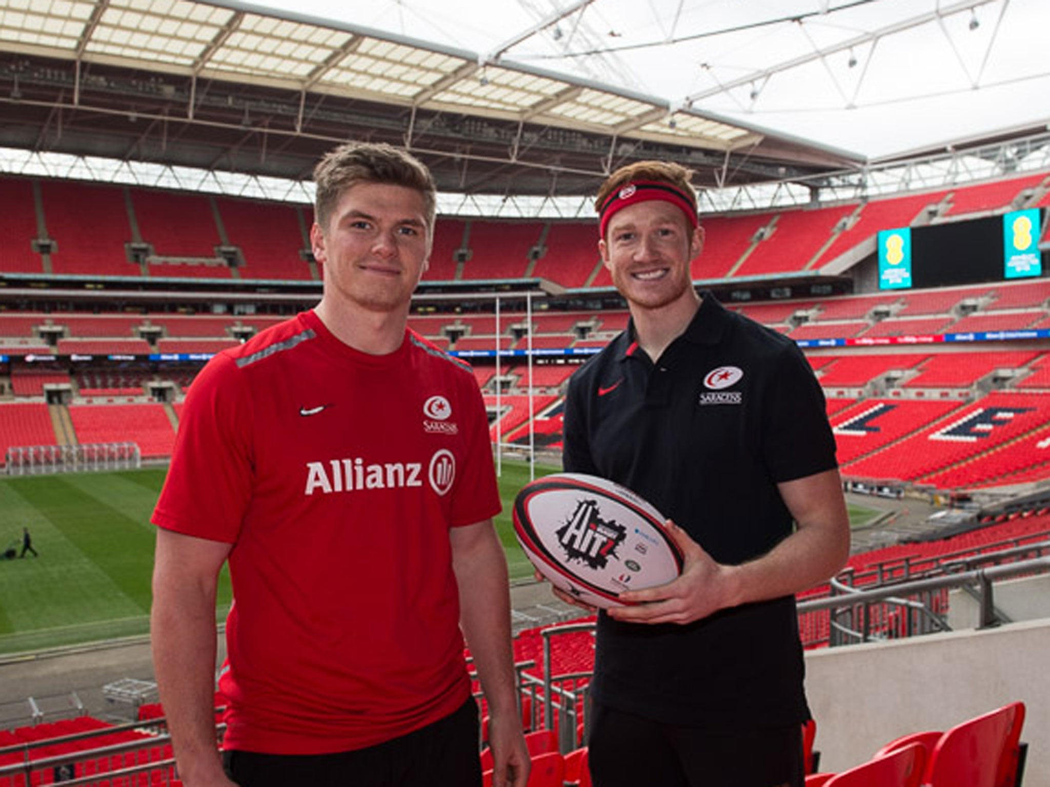 Greg Rutherford (right) takes on the Catch-a-Million challenge for Sport Relief at half time during Saracens v Harlequins at Wembley on March 22nd. The match kicks off at 3pm and is exclusively live on BT Sport