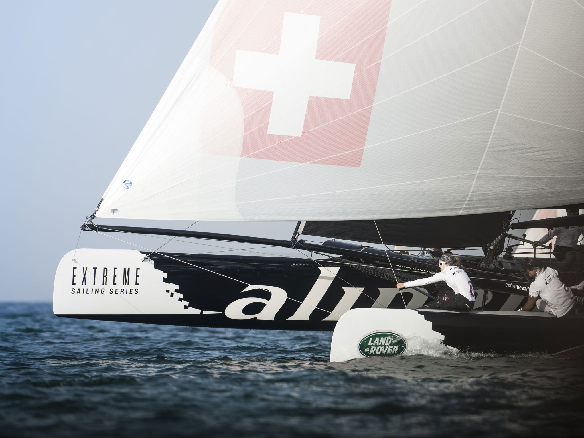 The Swiss America’s Cup team Alinghi finished the penultimate day of racing in Muscat at the top of the overall leaderboard. Helping skipper Morgan Larson to the top were Anna Tunnicliffe (left) and Yves Detrey (right)
