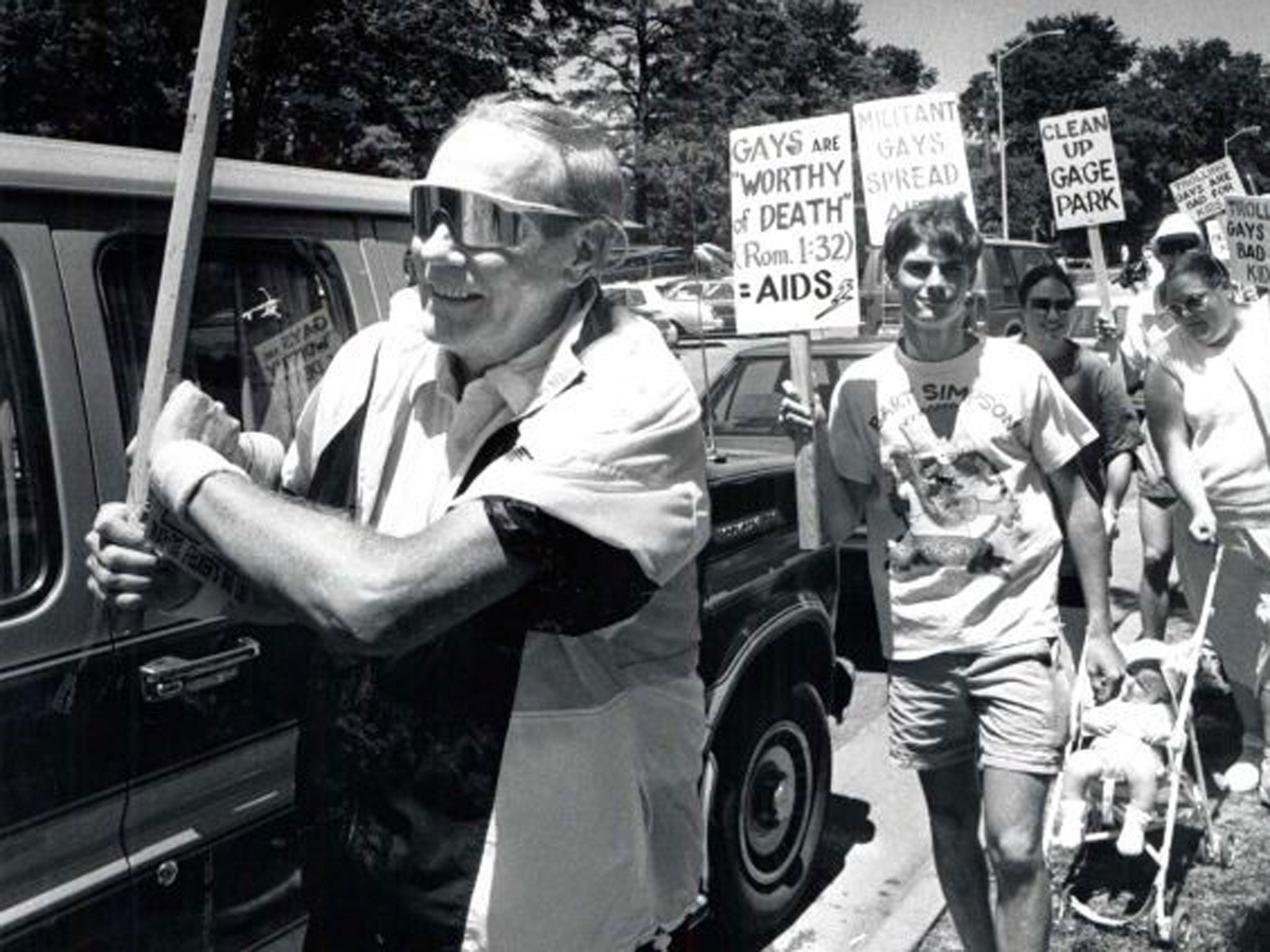 Phelps and members of his Westboro church stage a protest in Topeka, Kansas in 1991