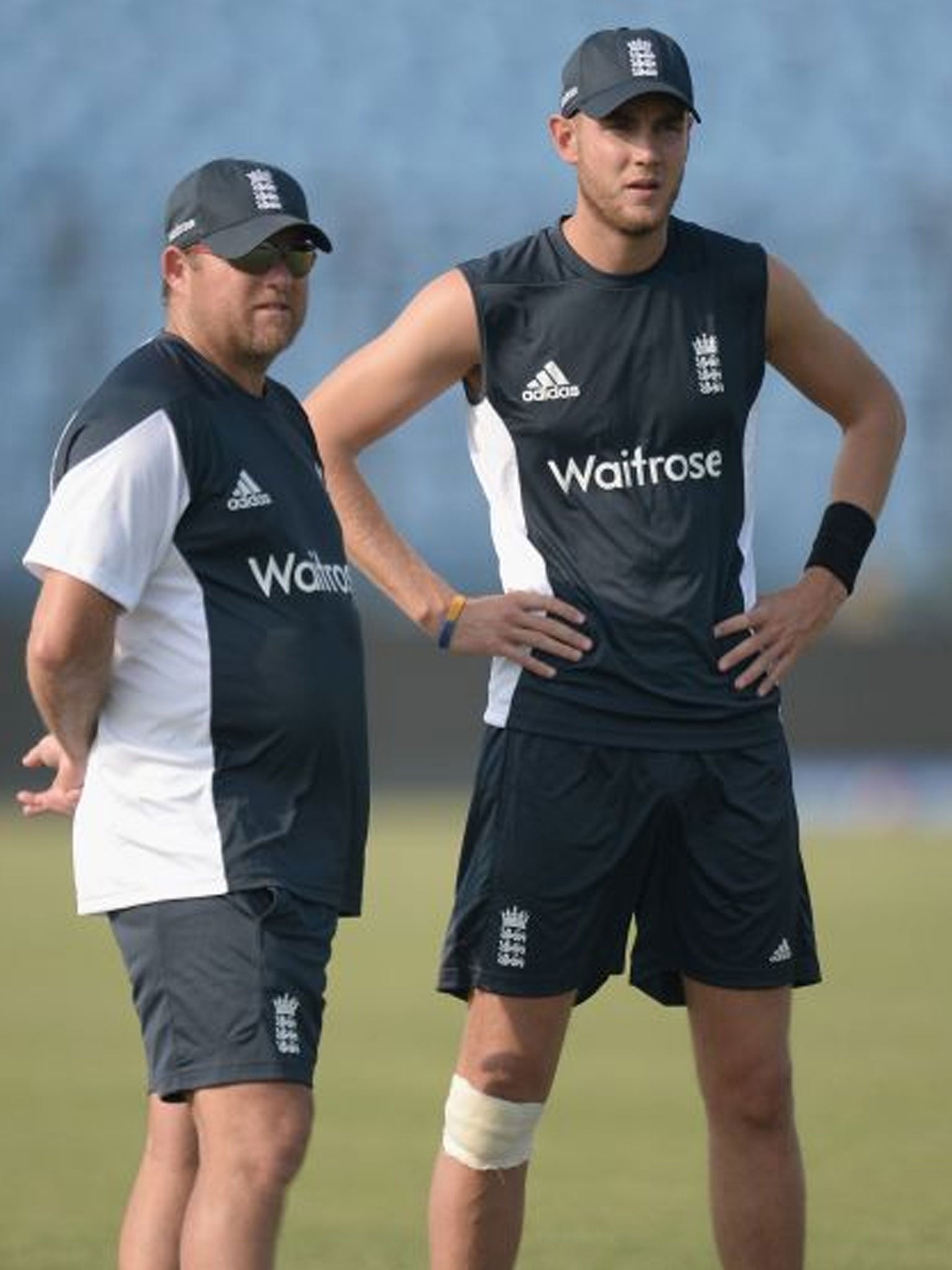 Stuart Broad (right) talks to England bowling coach David Saker during a nets session in Chittagong