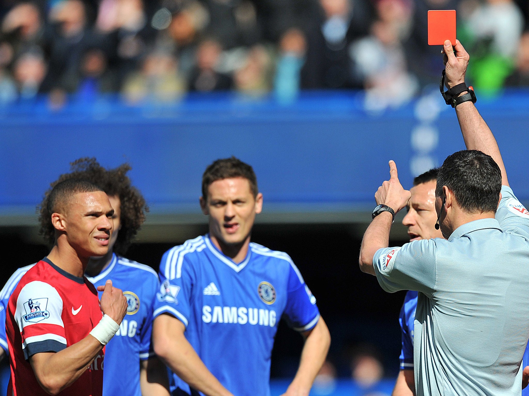 Kieran Gibbs is sent-off after Alex Oxlade-Chamberlain handled the ball on the line
