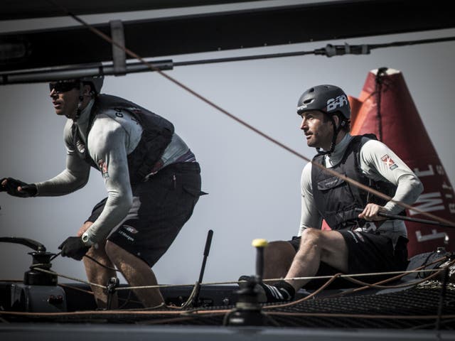 Tension on board as Ben Ainslie (right) and Paul Goodison suffer a disappointing final day of the Extreme Sailing Series in Muscat, Oman, on the 40-foot catamaran J.P.Morgan/BAR