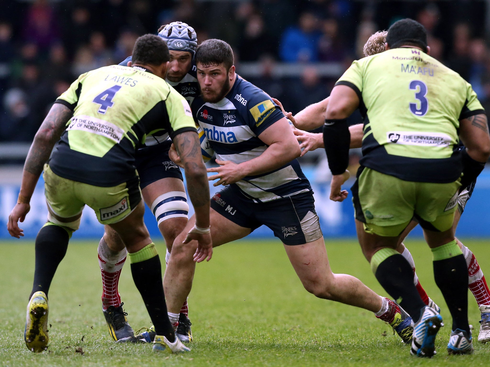Marc Jones takes on Courtney Lawes during Sales's 19-6 win over Northampton