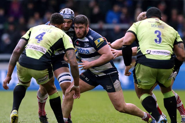 Marc Jones takes on Courtney Lawes during Sales's 19-6 win over Northampton