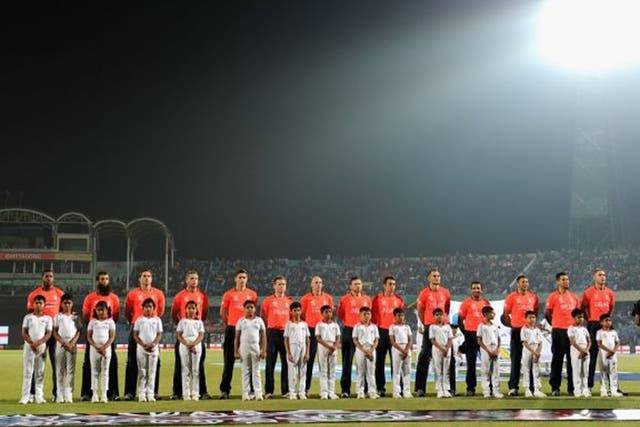 England line up for the national anthem ahead of the ICC World Twenty20  match between England and New Zealand in Chittagong, Bangladesh