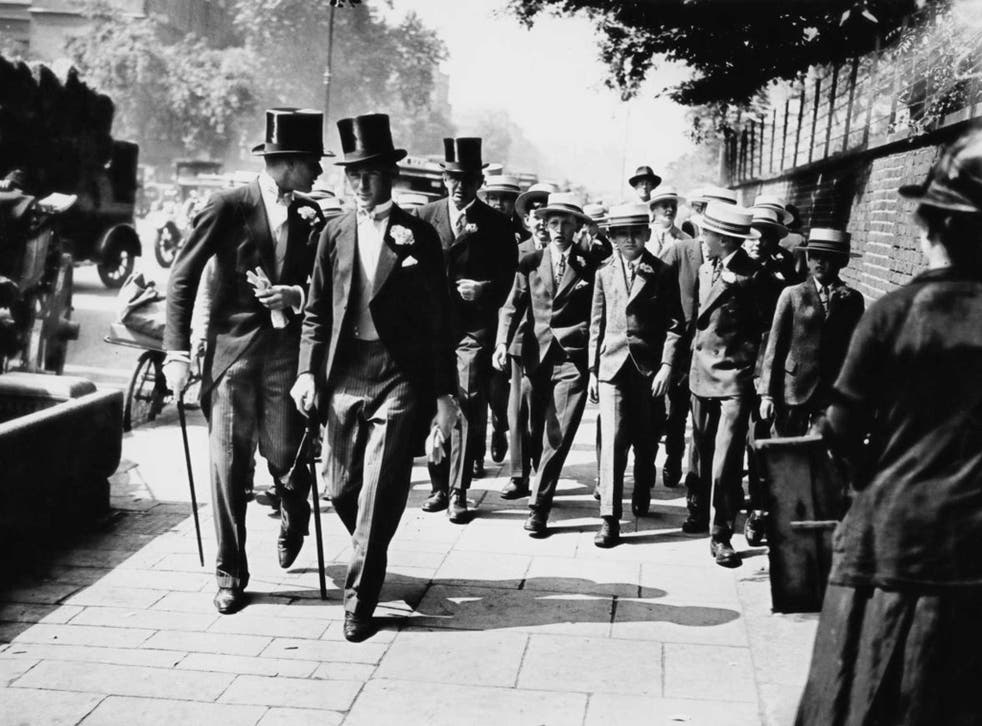 Eton schoolboys arriving at Lord's Cricket Ground in 1928