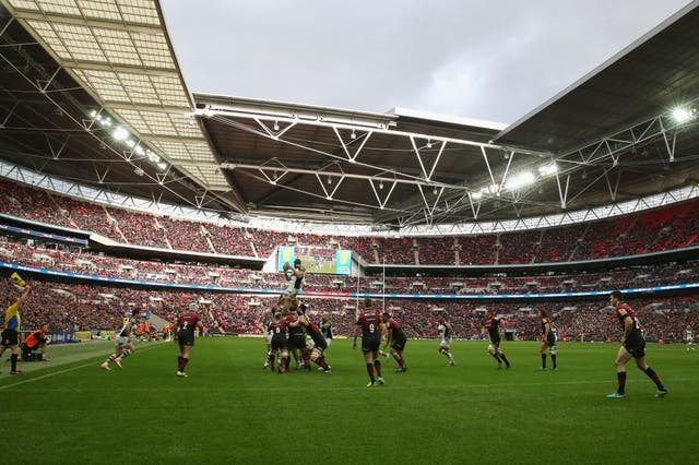 A general view of a lineout during the Aviva Premiership match between Saracens and Harlequins at Wembley Stadium on March 22, 2014 in London, England