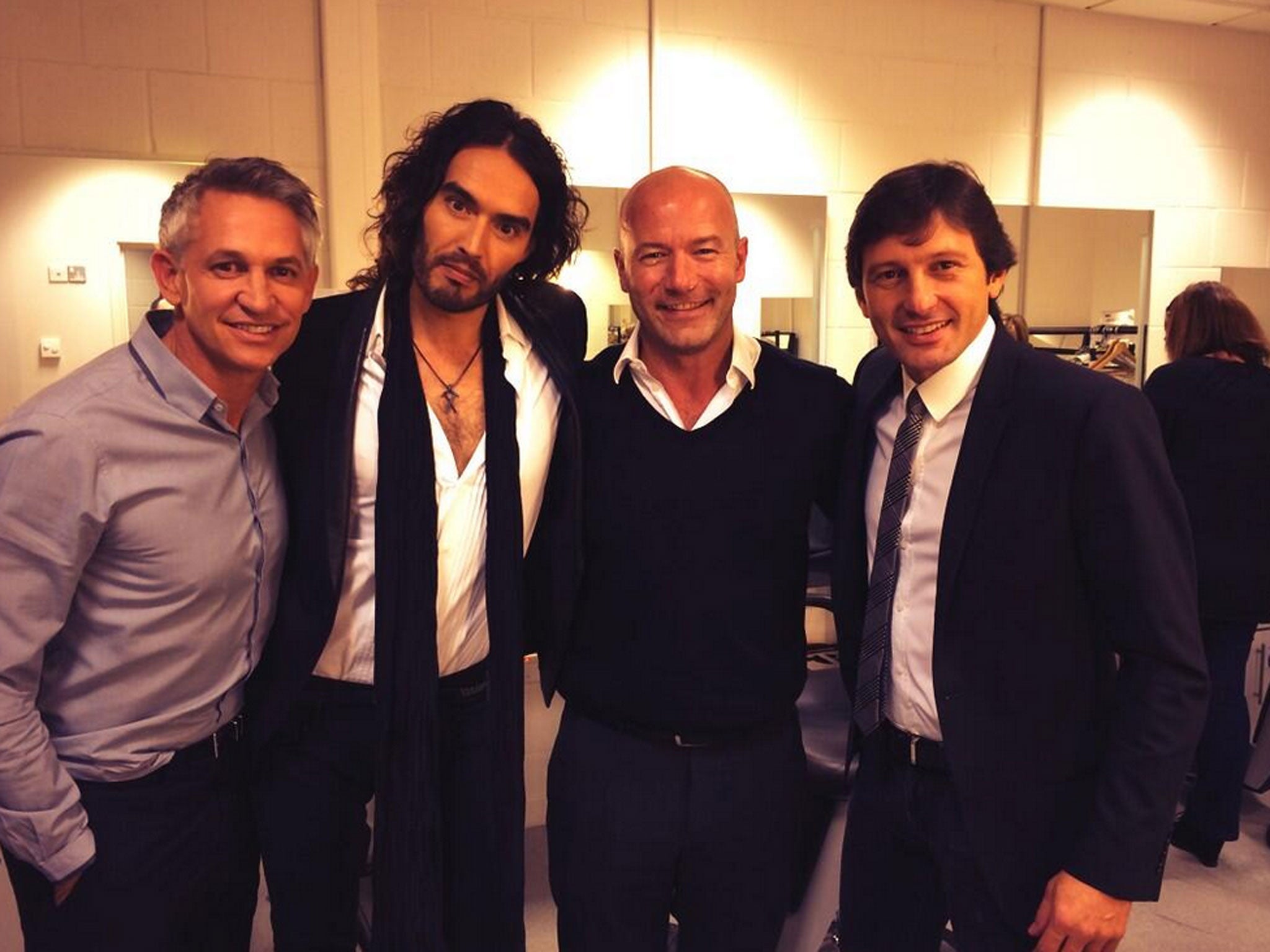 Russell Brand with MOTD regulars Gary Lineker and Alan Shearer, and Brazilian footballer Leonardo