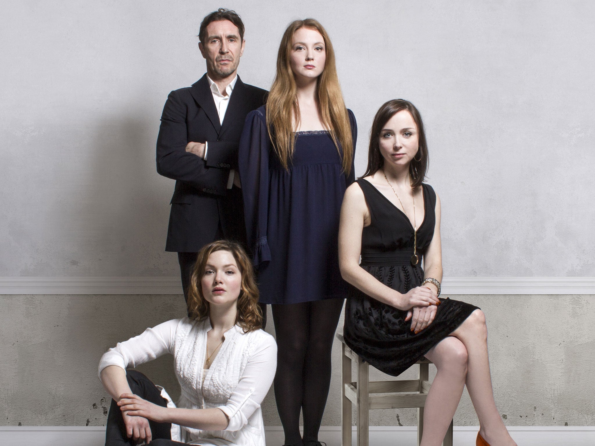 From left to right, Holliday Grainger, Paul McGann, Olivia Hallinan and Emily Taaffe in ‘Three Sisters’