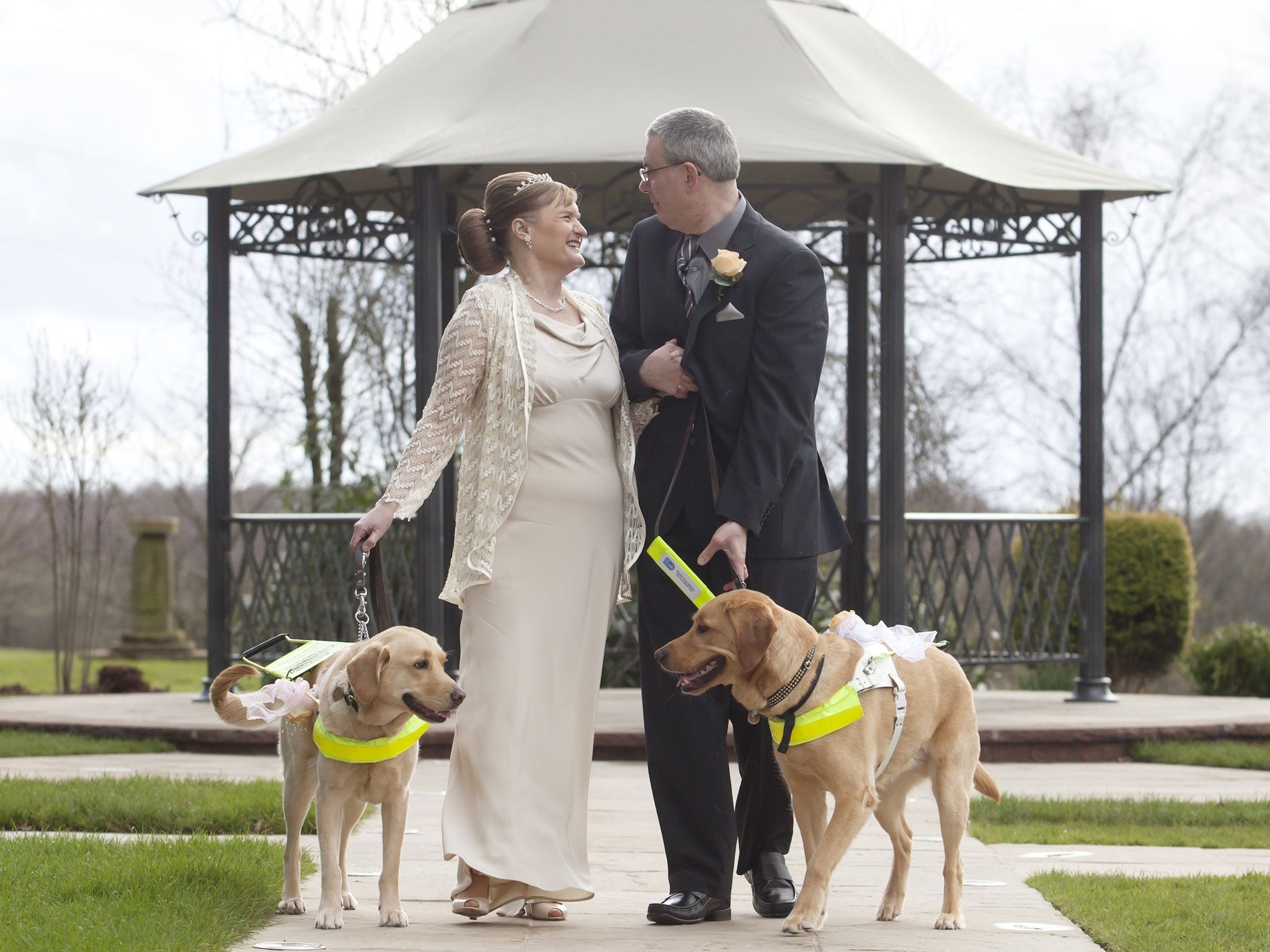 Guide dog owners Claire Johnson, 50 and Mark Gaffey, 51, got married in Baralston, Stoke-on-Trent, after their dogs fell in love at training two years ago