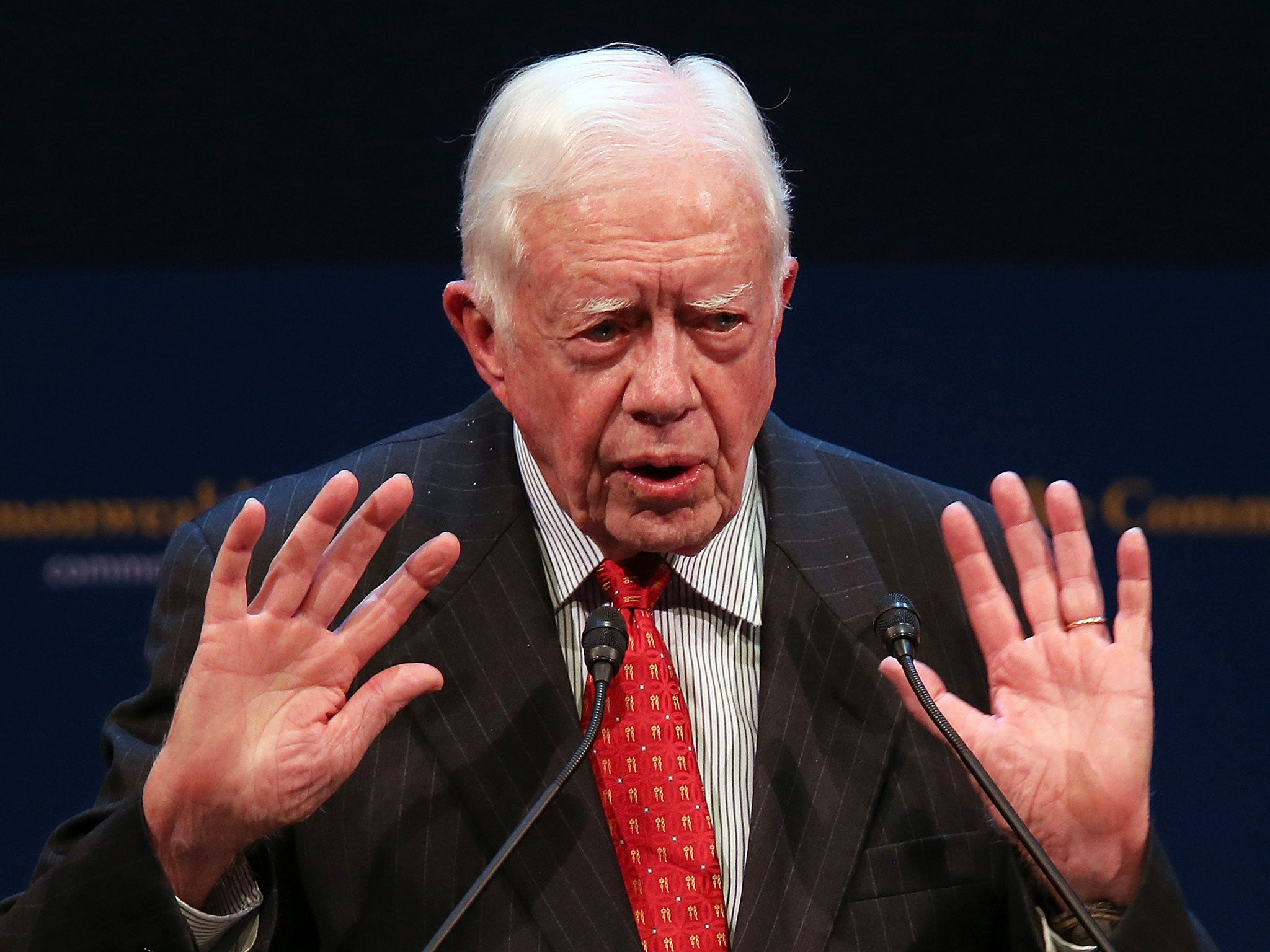 Former US President Jimmy Carter speaks at the Commonwealth Club of California.