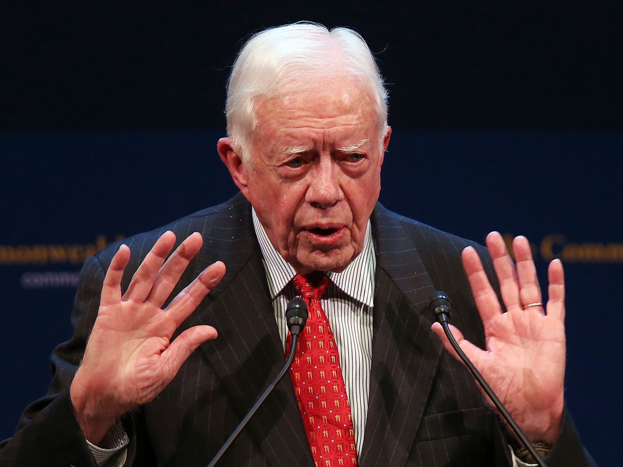 Former U.S. President Jimmy Carter speaks at the Commonwealth Club of California on February 24, 2013 in San Francisco, California. Former President Carter delivered a speech and took questions from the audience during a Commonwealth Club of California ev