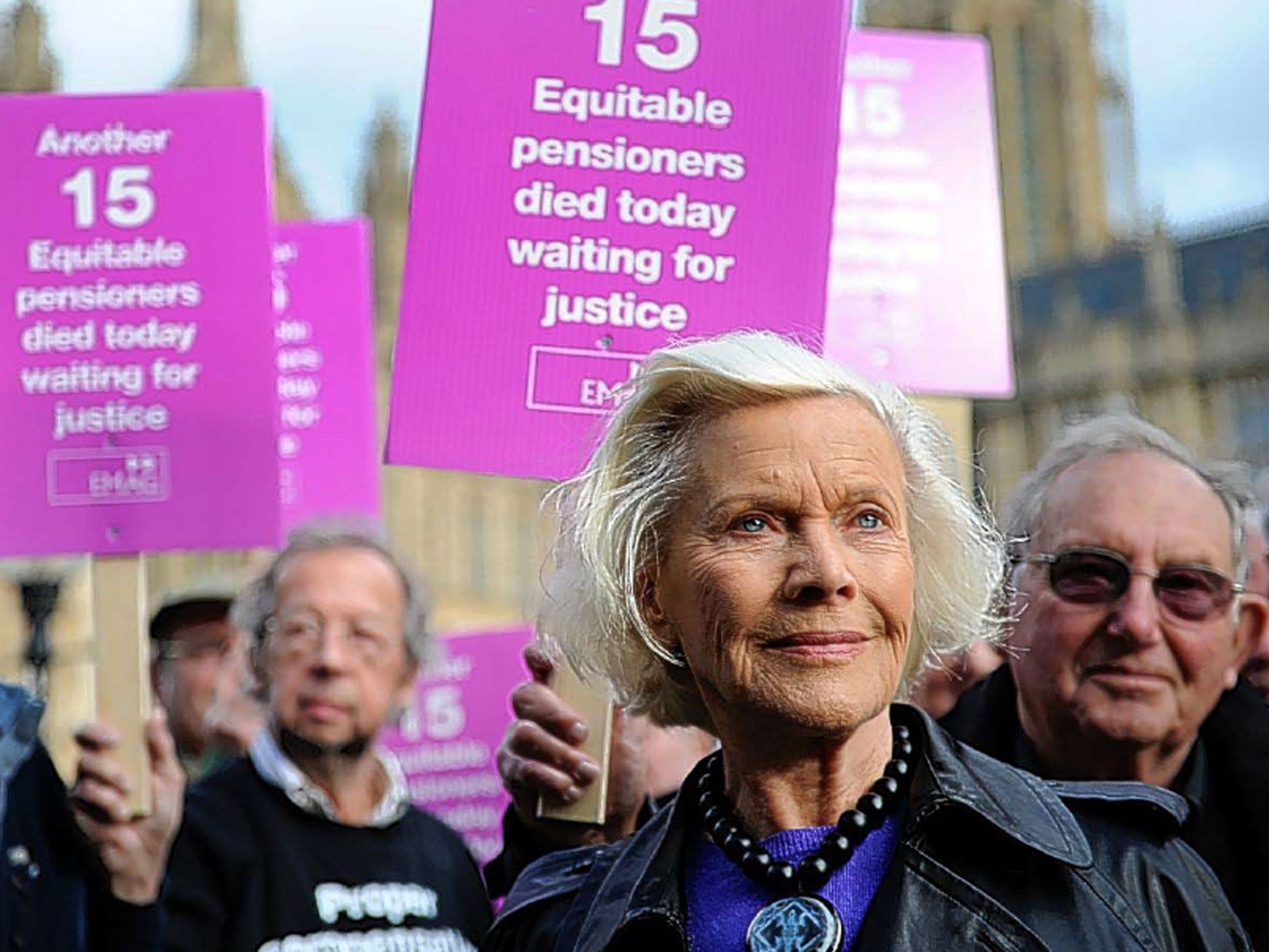 Honor Blackman outside Parliament at a protest by Equitable Life pensioners in 2009